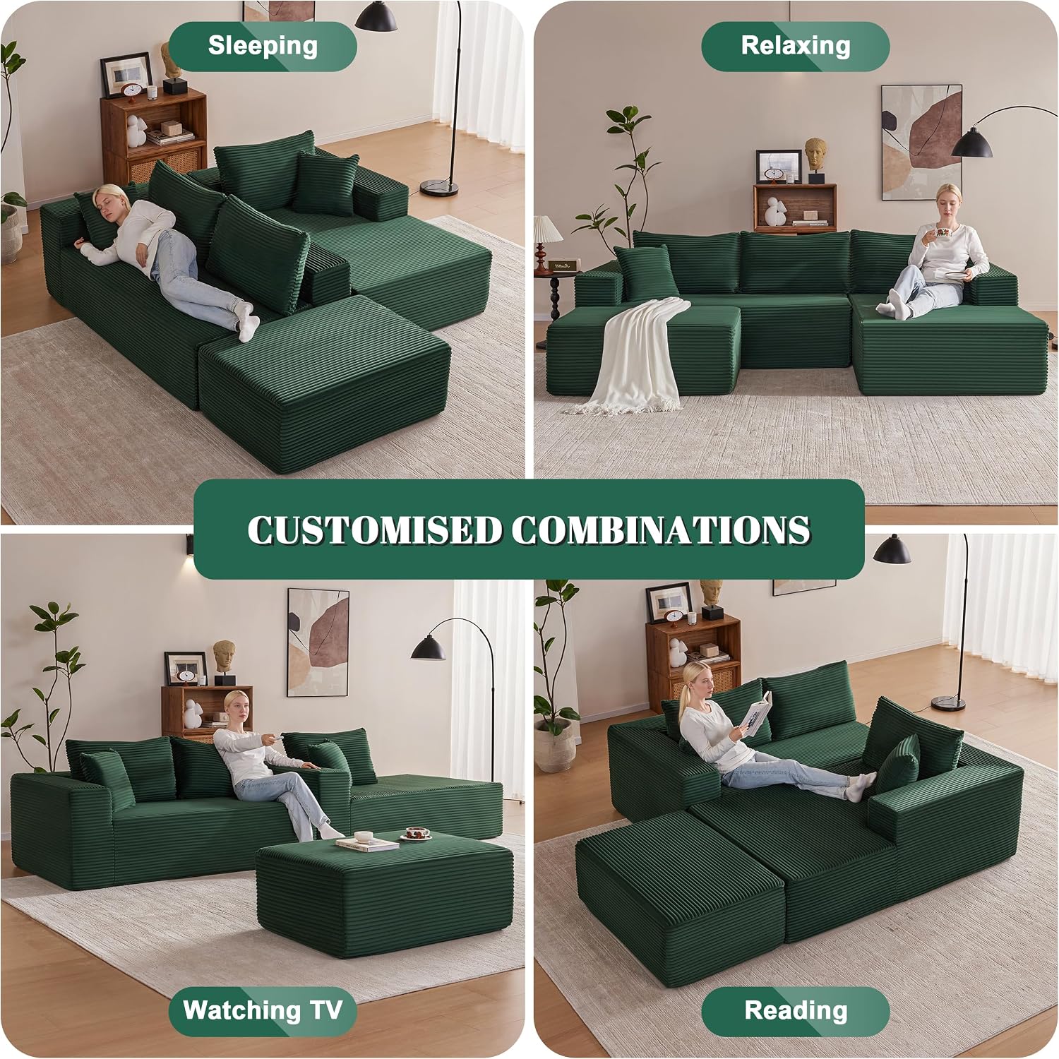 Mangodan 110' Cloud Sectional Couch, Boneless Sofa for Living Room, Modular Sectional Sofa with Deep Seat, Comfy Fluffy U-Shaped Couch with Right-Facing Chaise, No Assembly Required, Green