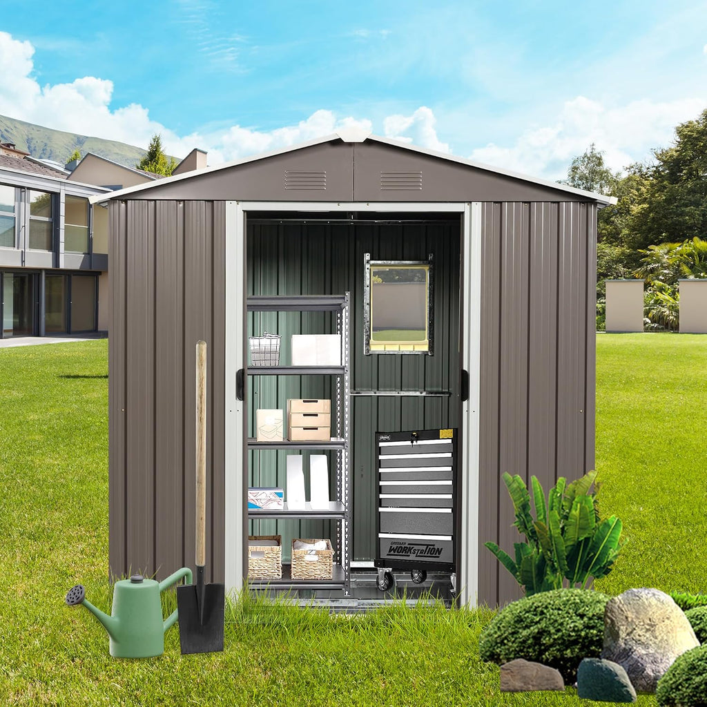 89in x 47in Heavy-Duty Outdoor Metal Storage Shed with Floor Foundation & Window - Galvanized Steel Tool Shed, Tiny Home Backyard Solution w/Lock, Shelves & Anchors,Gray