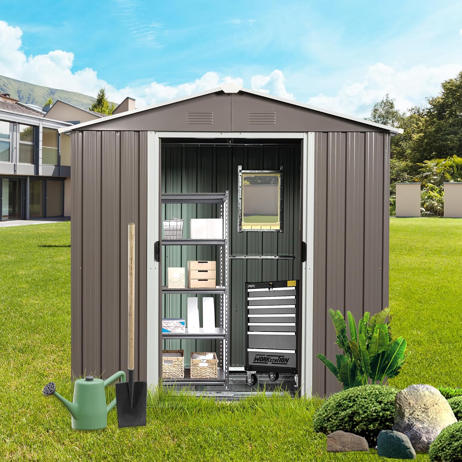 89in x 47in Heavy-Duty Outdoor Metal Storage Shed with Floor Foundation & Window - Galvanized Steel Tool Shed, Tiny Home Backyard Solution w/Lock, Shelves & Anchors,Gray