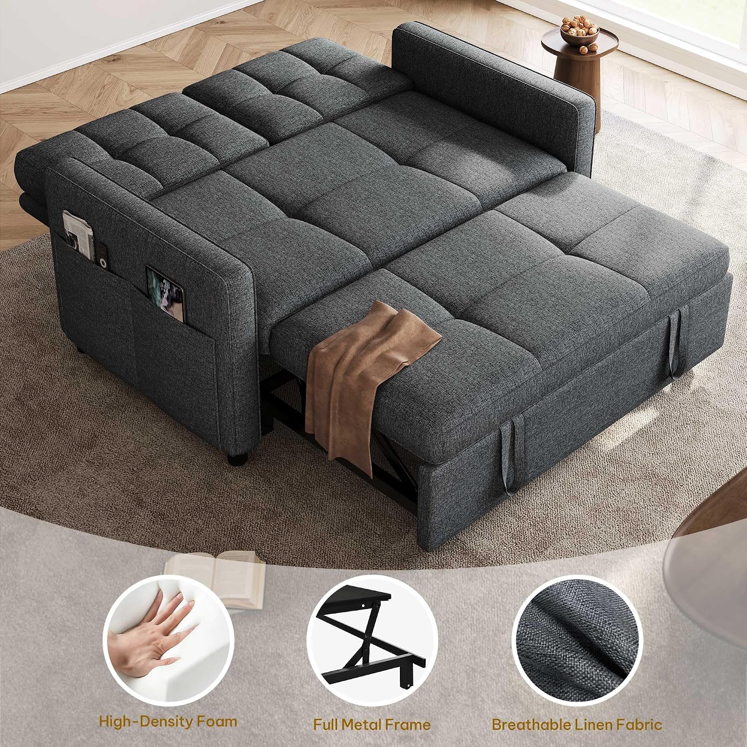 DWVO 55' Convertible Sofa Bed, 3-in-1 Sleeper Sofa with Pull-Out Bed, Linen Futon Couch with Adjustable Backrest and Side Pocket, Modern Loveseat for Living Room Apartment, Grey