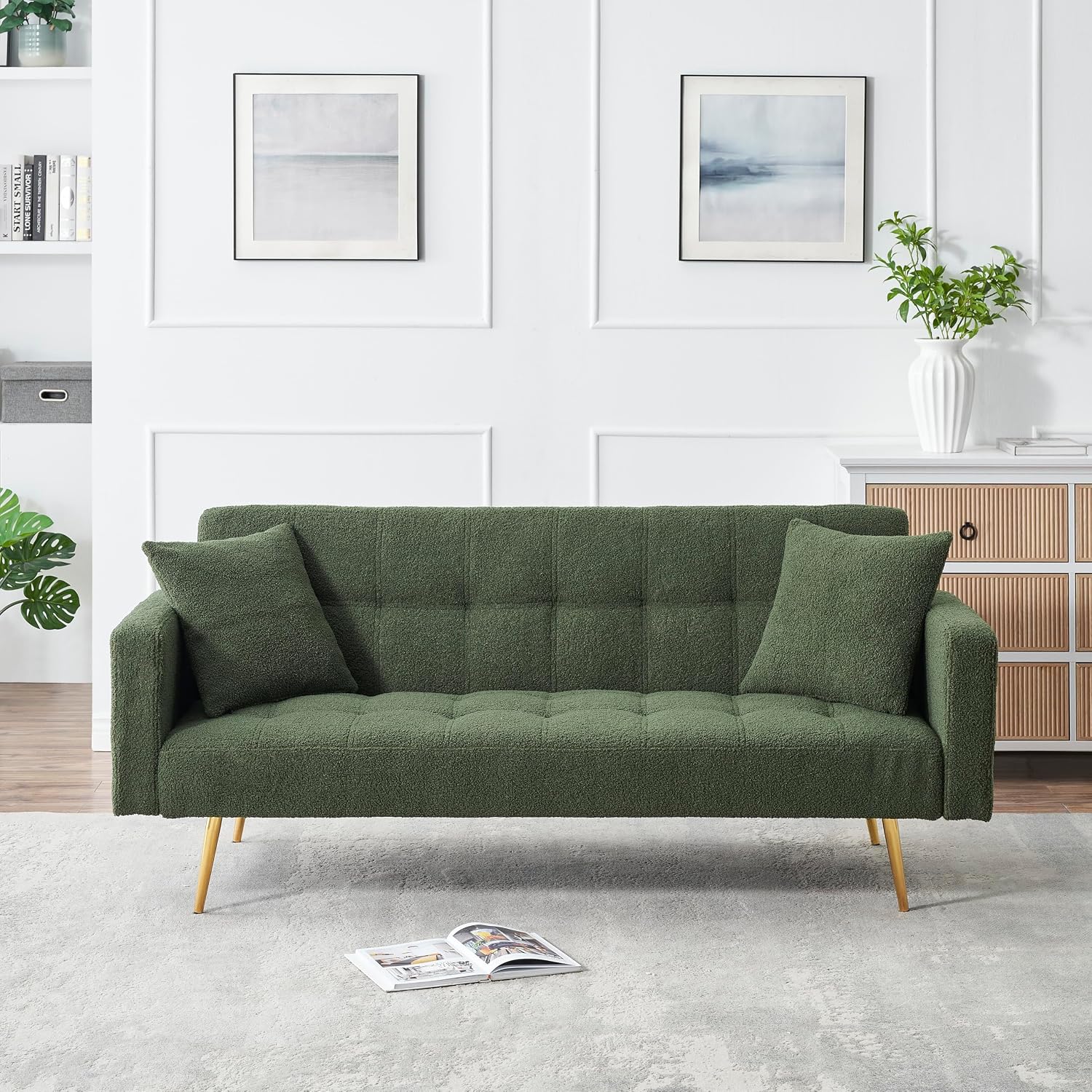 KEIKI 72' Folding Futon Sofa Couch w/Adjustable Backrest, Mid Century Modern Loveseat Convertible to Sleeper Bed, Small Comfy Teddy Cloud Couch SofaBed for Living Room & Bedroom, 2 Pillows, Green
