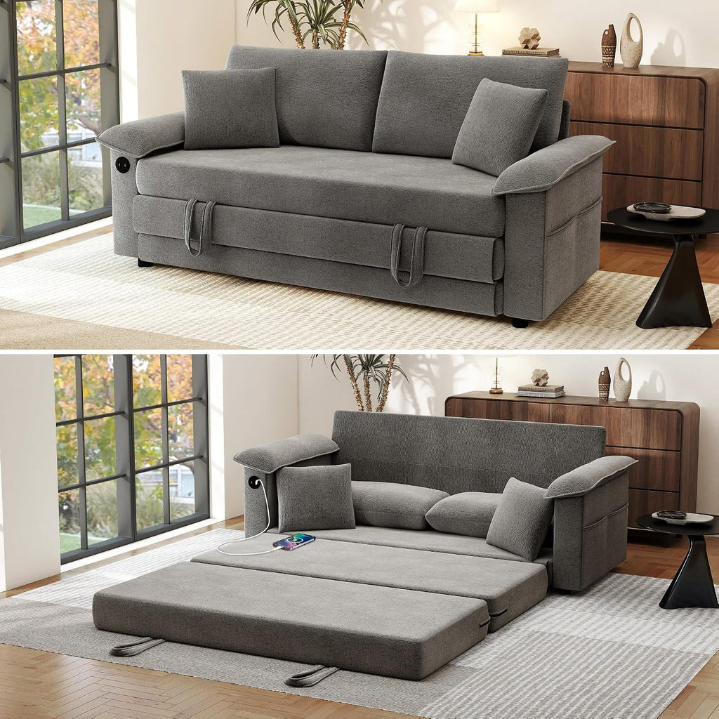 SUNWAVE 77' Sleeper Sofa Convertible Sofa Bed with USB Ports & Side Pockets, Chenille Loveseat Pull Out Couch with Full Size Sleeping Area, Folding Sofa Bed for Living Room & Small Spaces (Gray)