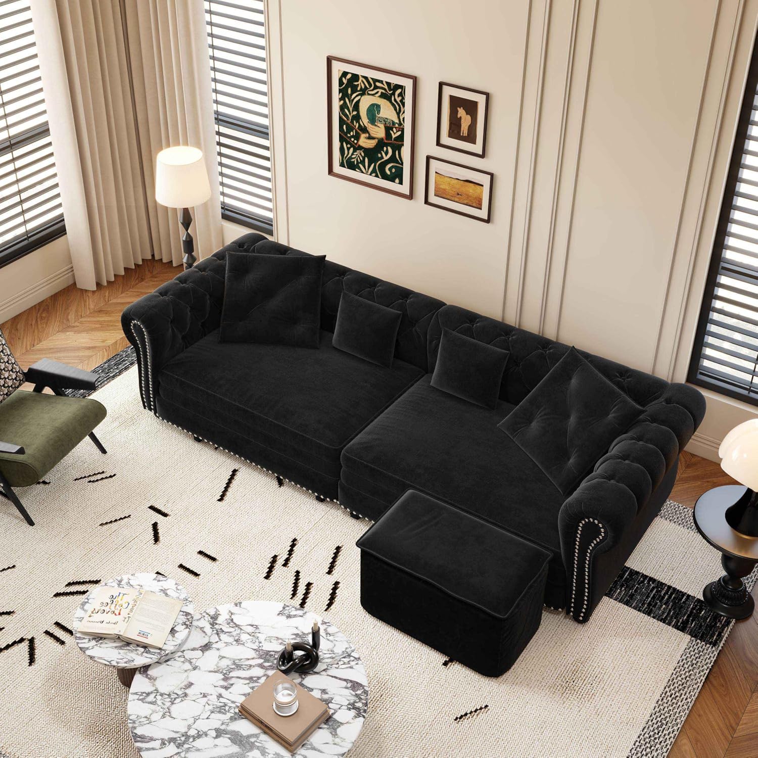 89' King Pull Out Sofa Bed, Velvet Chesterfield Sleeper Sofa Couch, 3 in 1 Convertible Tufted Futon Couches with Ottoman for Living Room, Small Space, Apartment, Office, Bedroom, Black