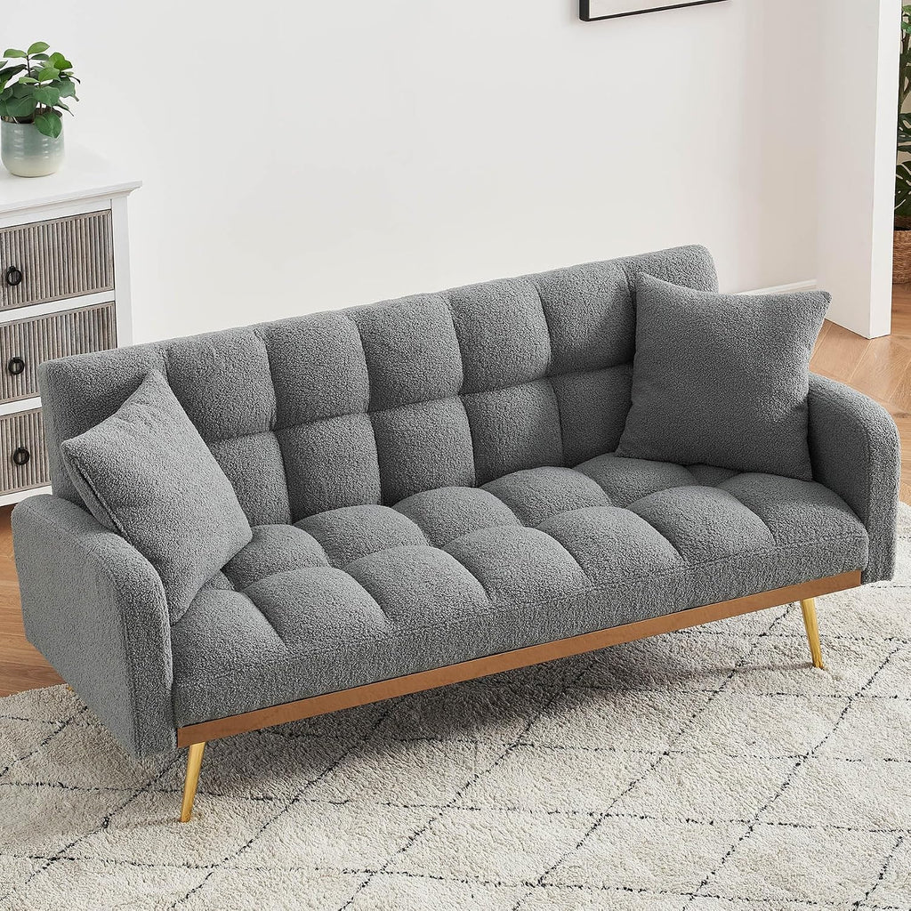 Comfy Futon Sofa Bed with 2 Pillows, Grey Futon Couch Bed with Gold Legs, Small Convertible Sofa Bed Couch for Living Room, Modern Loveseat for Bedroom, Curved Arms, Plush Tufted-Shaped,Teddy (Grey)