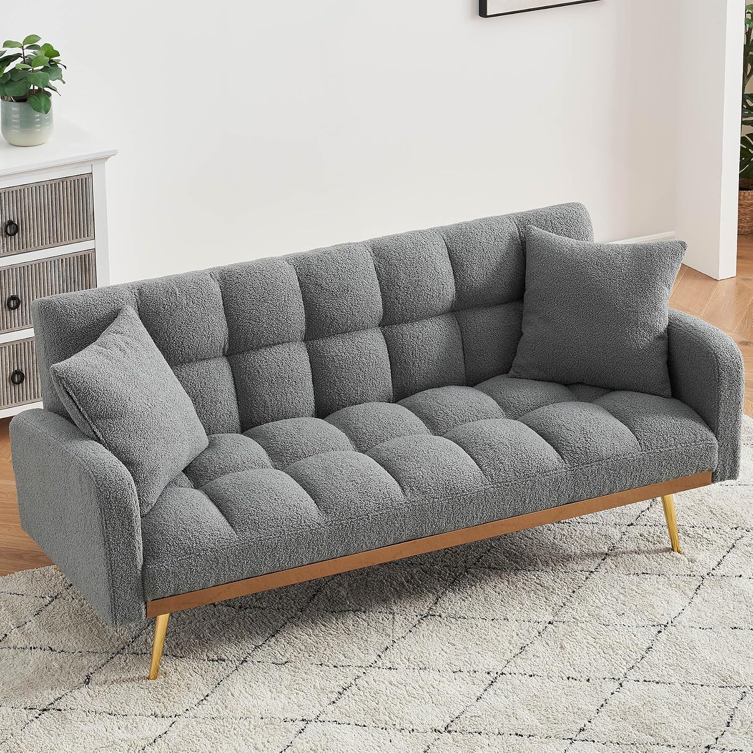 Comfy Futon Sofa Bed with 2 Pillows, Grey Futon Couch Bed with Gold Legs, Small Convertible Sofa Bed Couch for Living Room, Modern Loveseat for Bedroom, Curved Arms, Plush Tufted-Shaped,Teddy (Grey)