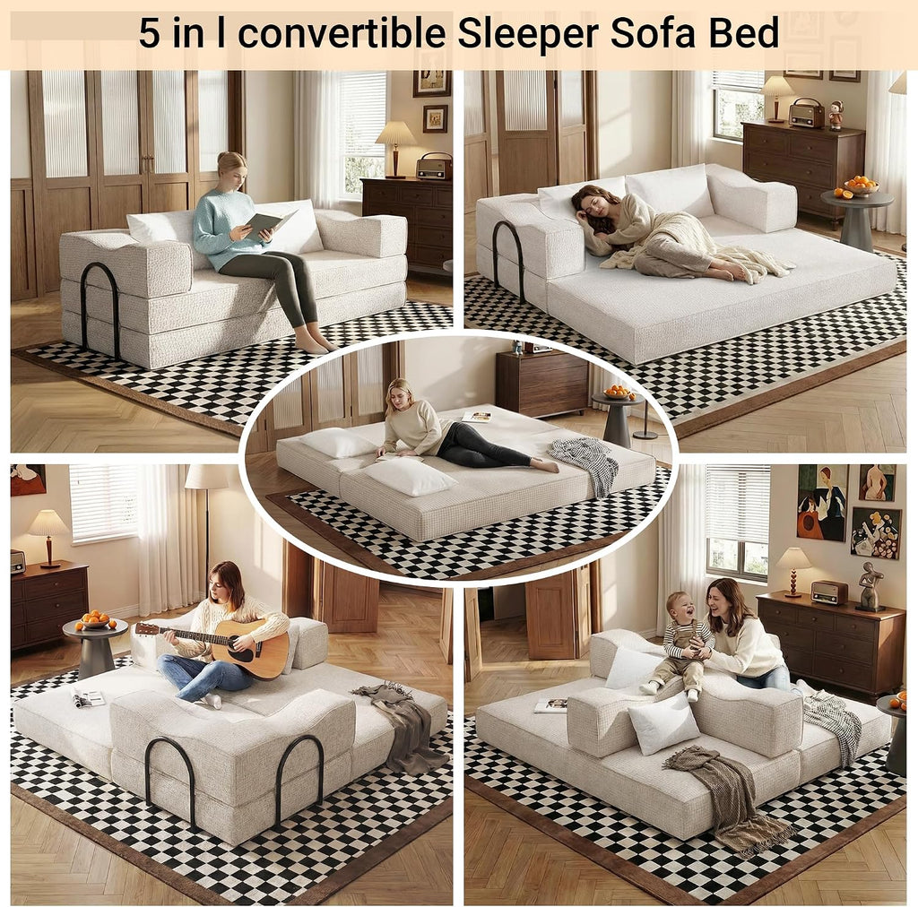 MAKIAAP 80' Foldable Chenille Futon Sofa Bed, 4-in-1 Convertible Couch with 2 Pillows, King-Size Floor Lounger for Living Room, Guest Room, Dorm - No Assembly (Beige, 80in)