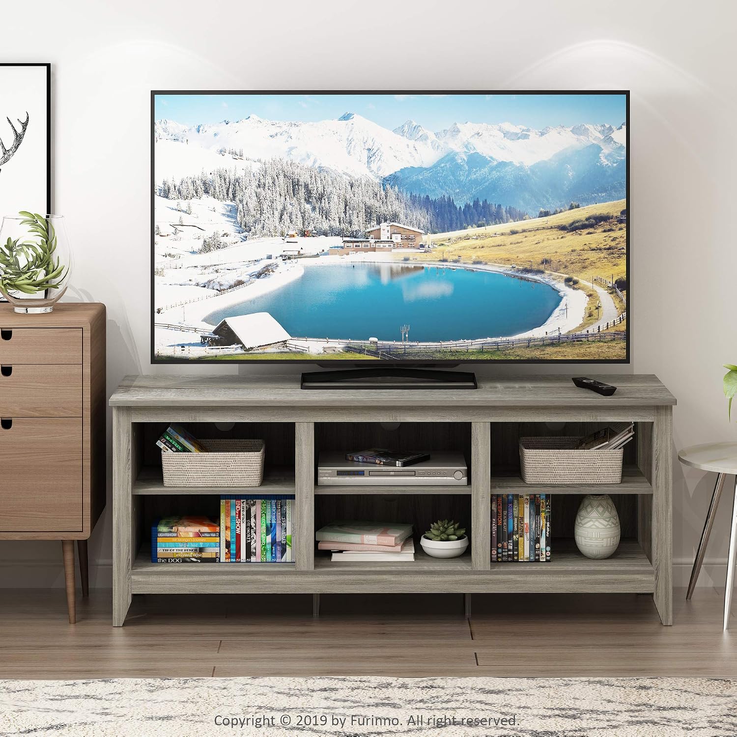 Furinno Jensen TV Stand, TV Entertainment Center with 6 Cube Shelves, TV Console, for TV up to 60 Inch, for Living Room, Bedroom, Grey Oak