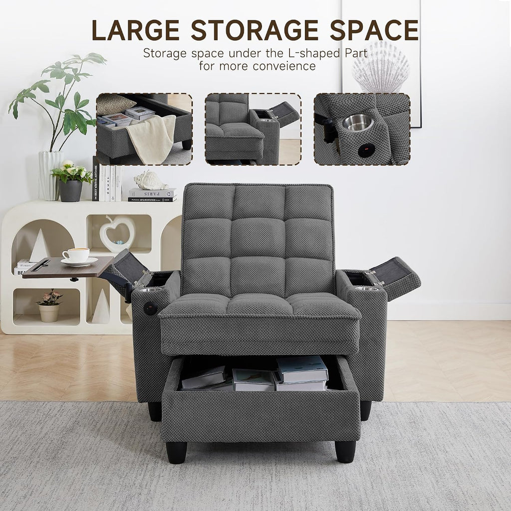 41.7' Oversized Chaise Lounge Chair Indoor, Boucle Upholstered Sofa Bed with Adjustable Backrest, Deep Seat Reading Chair, Sofas Couches for Living Room, Storage, Cup Holders & 360° Swivel Side Table
