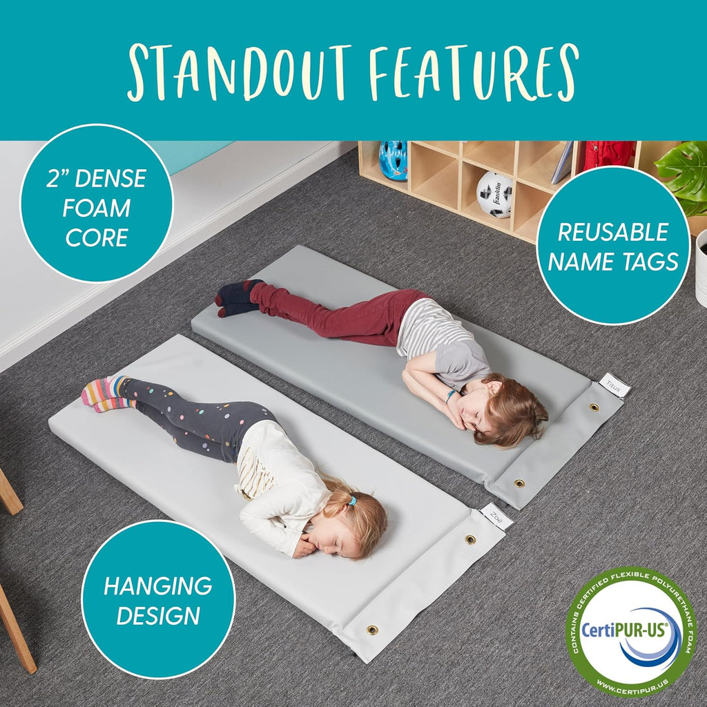 FDP Kid Hanging Rest Mat with Wall Mount Included Non-Folding 2' Thick Nap Mat with Non-Slip Bottom for Daycare, Preschool or Home (7-Piece Set) - Contemporary