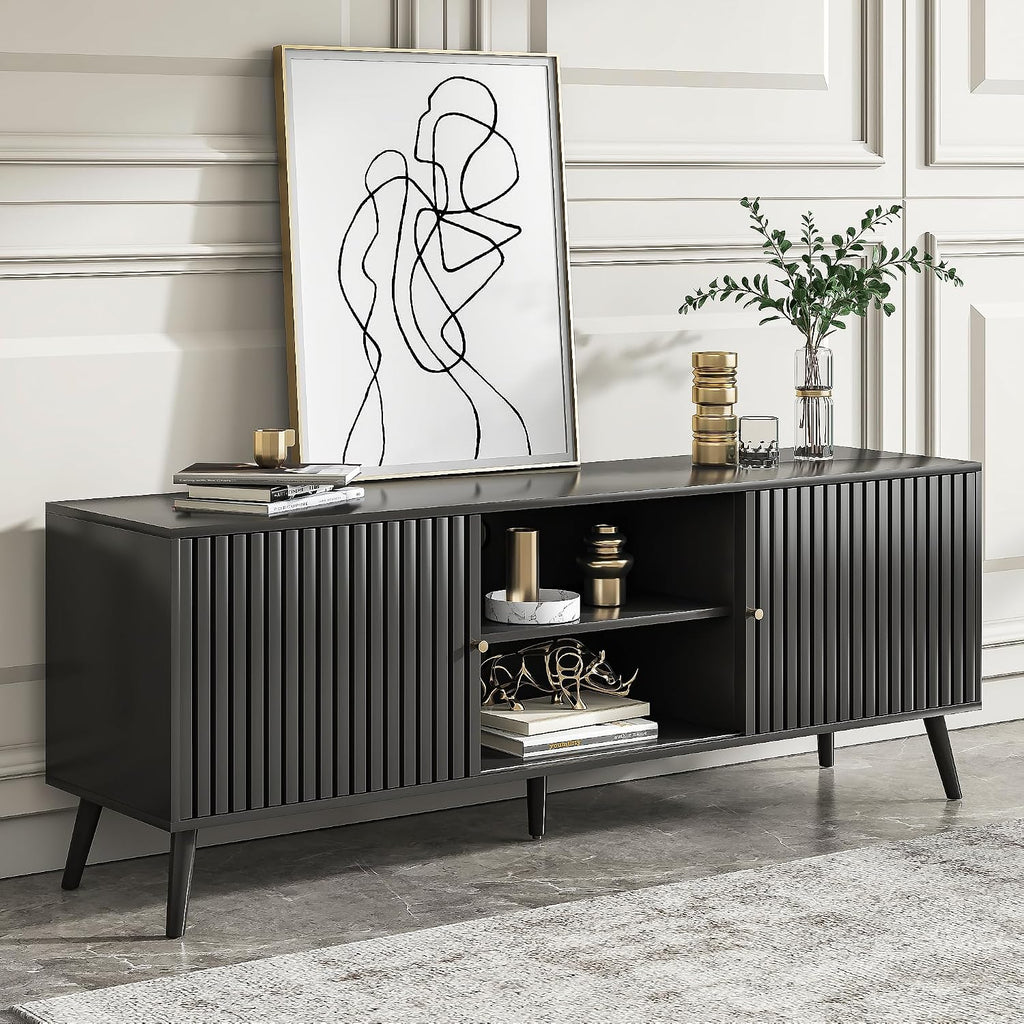 Oubayajia Mid Century Modern TV Stand for Televisions up to 70 Inches, with Sliding Doors and Storage, Television Stands, TV Consoles, Media Consoles for Living Room, 63 Inch (Black)