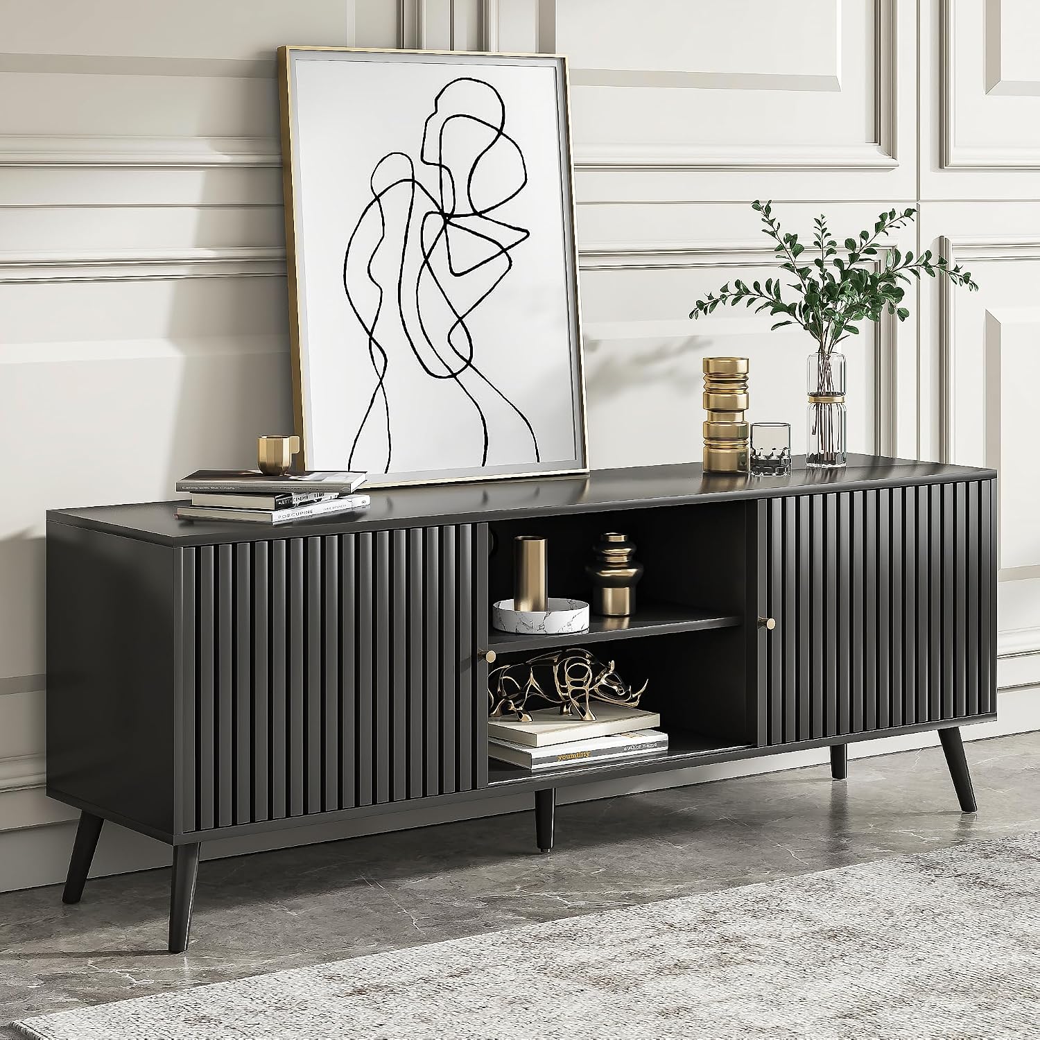 Oubayajia Mid Century Modern TV Stand for Televisions up to 70 Inches, with Sliding Doors and Storage, Television Stands, TV Consoles, Media Consoles for Living Room, 63 Inch (Black)