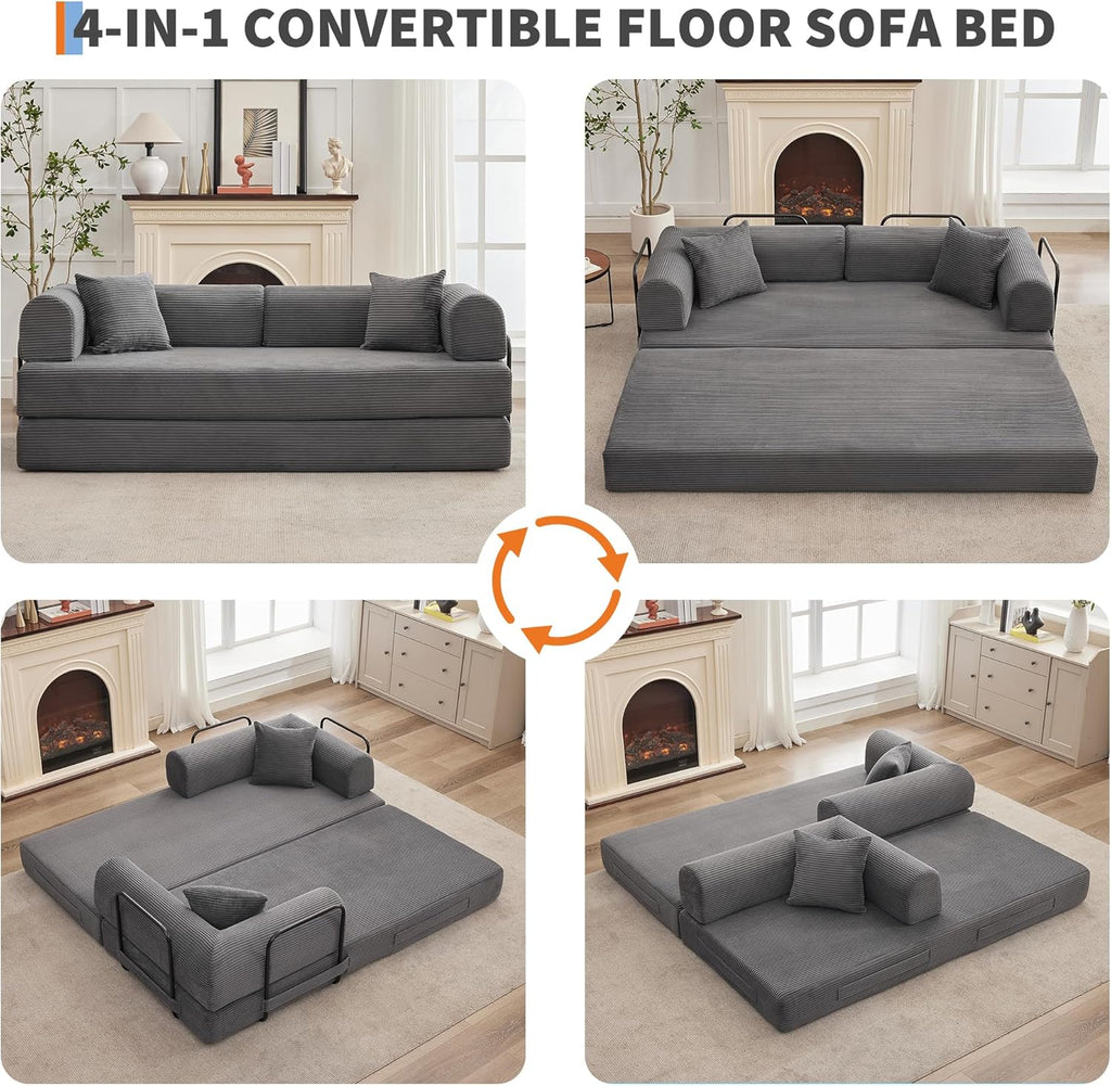 IDEALHOUSE 4 in 1 Convertible Sleeper Sofa Bed Couch, 79 Inch Boneless Corduroy Floor Couch with Pillows, No Assembly, Modern Deep Seat Sofa Futon Mattress for Living Room,Apartment,Gray