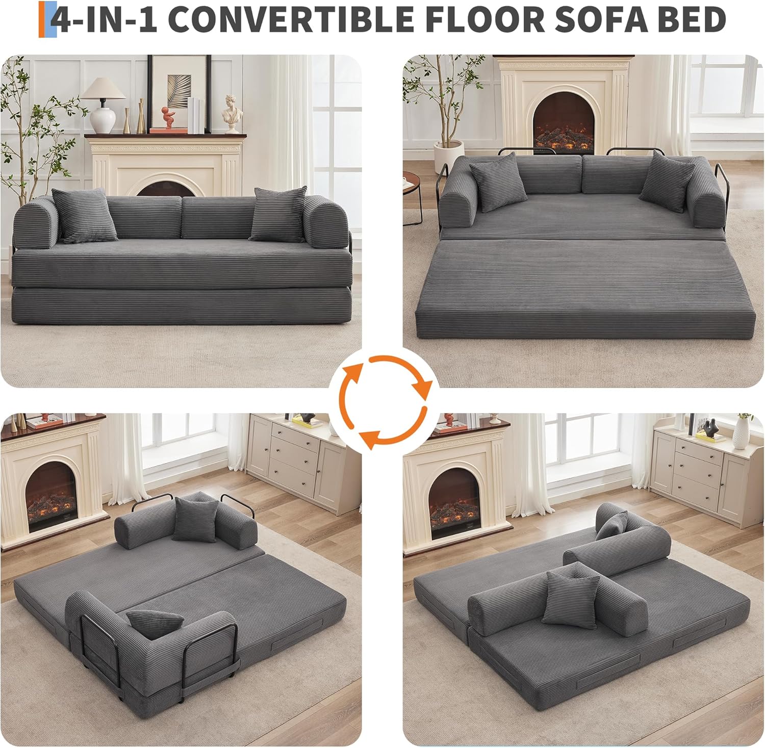 IDEALHOUSE 4 in 1 Convertible Sleeper Sofa Bed Couch, 79 Inch Boneless Corduroy Floor Couch with Pillows, No Assembly, Modern Deep Seat Sofa Futon Mattress for Living Room,Apartment,Gray