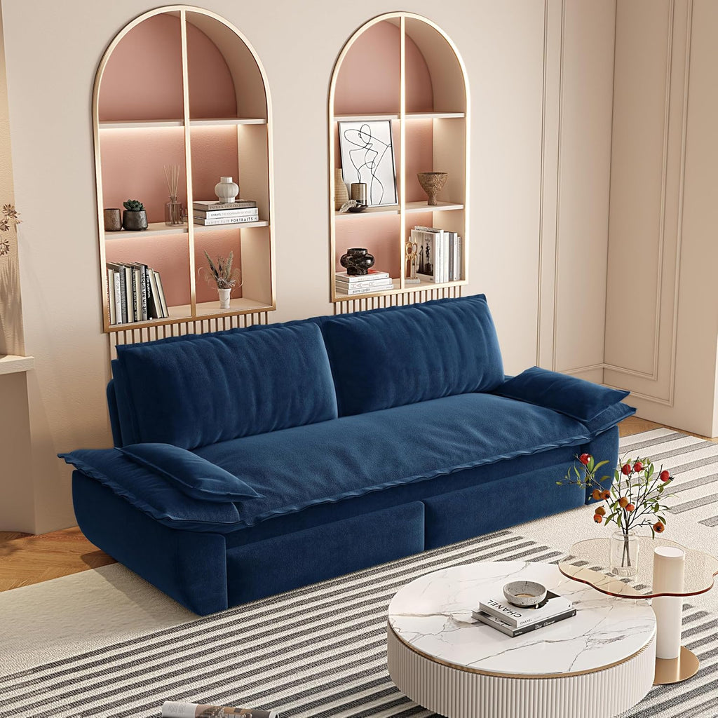 3 in 1 Convertible Queen Sleeper Sofa Bed Comfy Pull Out Futon Couch Bed 73.2' Modern Velvet Recliner Loveseat Sofa Multi-Functional Blue Cloud Couch for Living Room,Apartment,Office (Blue 73.2')