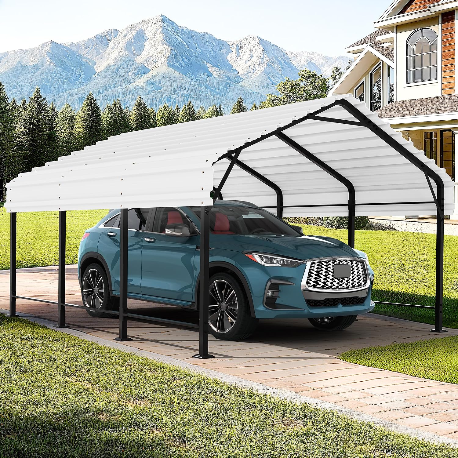 JAMFLY Carport, 12X15 FT Metal Carport, Heavy Duty Carport Canopy with Galvanized Steel Roof and Frame, Metal Car Garage Upgraded Extra Large Garage for Pickup, Boat, Car and Tractors, White