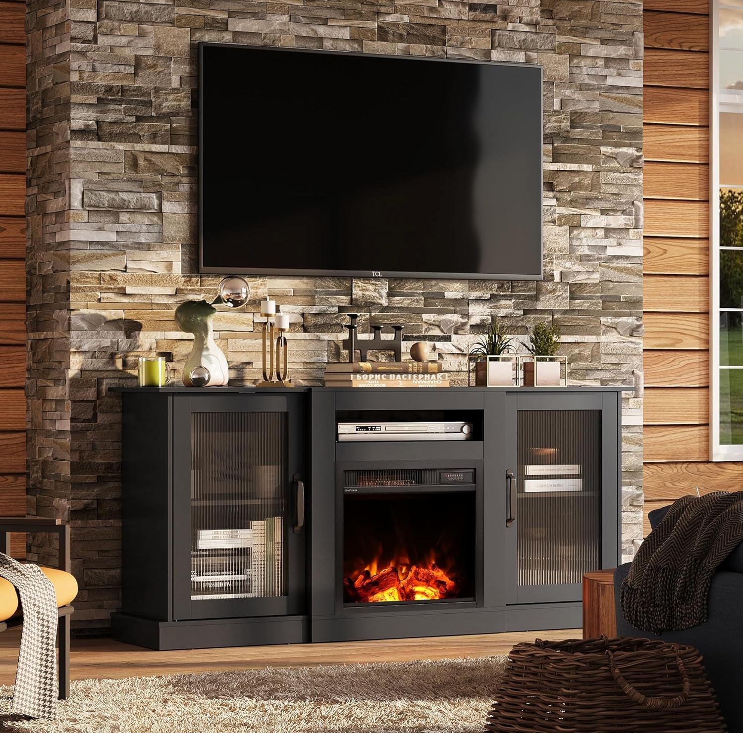 WLIVE Fireplace TV Stand for 65' TV, Entertainment Center with 3D Realistic Flame Electric Fireplace, TV Console with Open Shelves for Living Room, Black