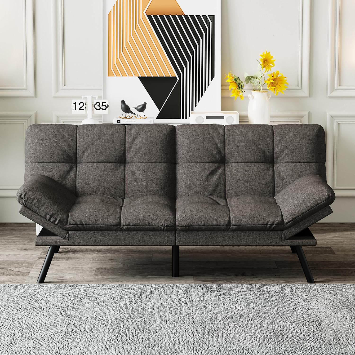 Futon Sofa Bed Convertible Couch, Grey Linen Sofa Bed with Memory Foam, Adjustable Backrest & Armrests, Multifunctional Small Loveseat Sleeper Sofa for Living Room, Apartment, Office