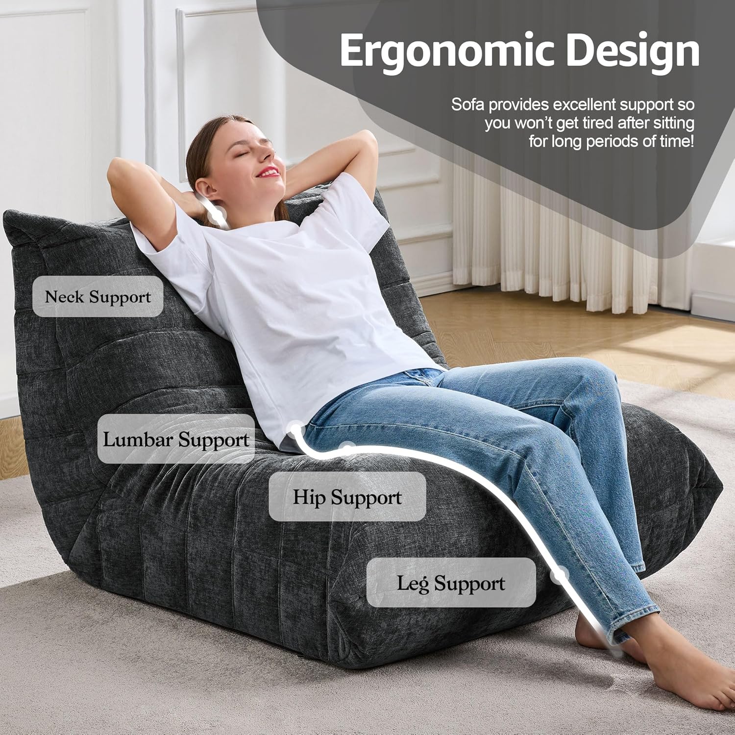 Bean Bag Chairs for Adults Giant Bean Bag Chair Memory Foam BeanBag Chair Bean Bag Sofa with Filler Faux Fur Fireside Beanbags Lazy Sofa for Living Room Bedroom Office (Darkgrey Chenille, Single)