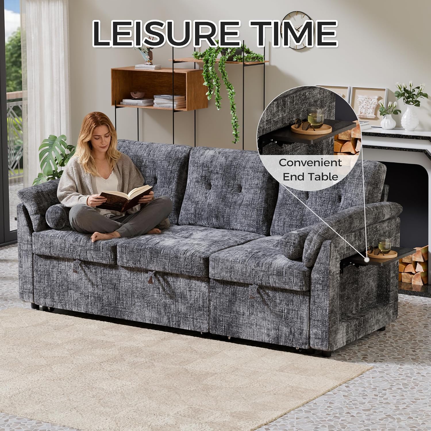 Convertible Sleeper Sofa Bed, 63 Inch Chenille Pull Out Couch with Side Table & Adjustable Backrest, Sectional Sleeper Sofa with Pull Out Bed for Living Room, Apartment, Gray