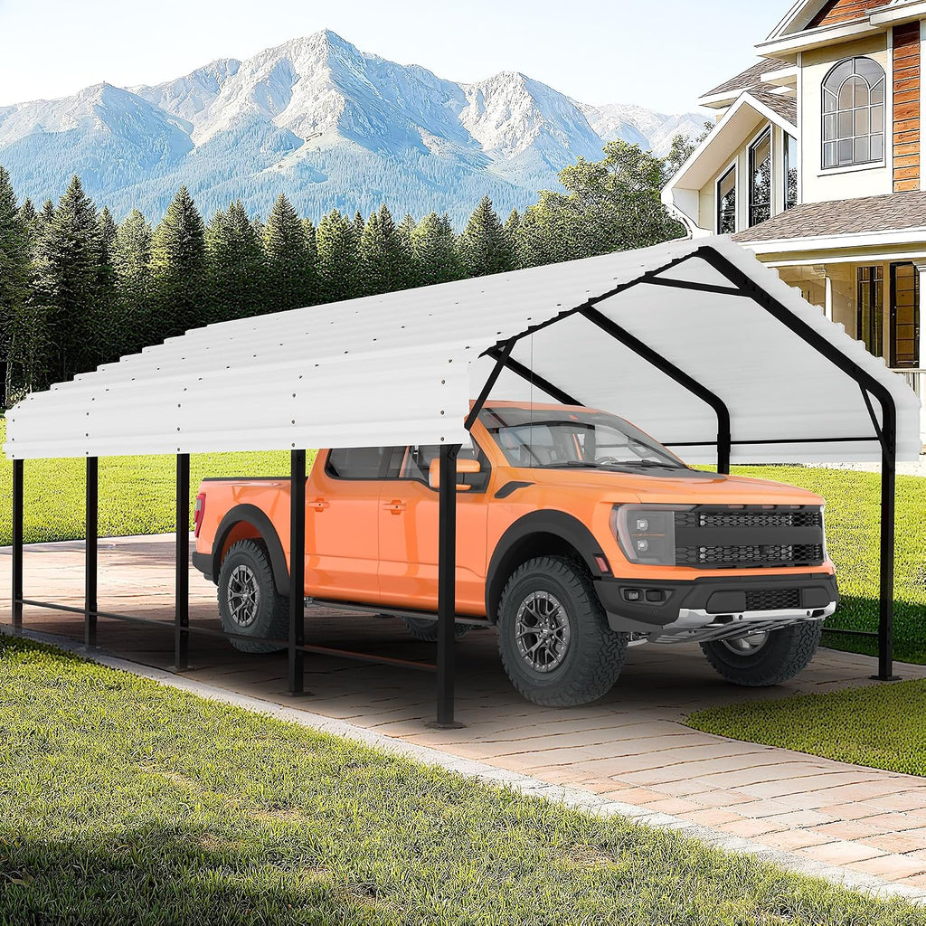 JAMFLY Carport, 12X20 ft Metal Carport, Heavy Duty Canopy with Galvanized Steel Roof and Frame, Metal Car Garage Upgraded Extra Large Garage for Pickup, Boat, Car and Tractors, White
