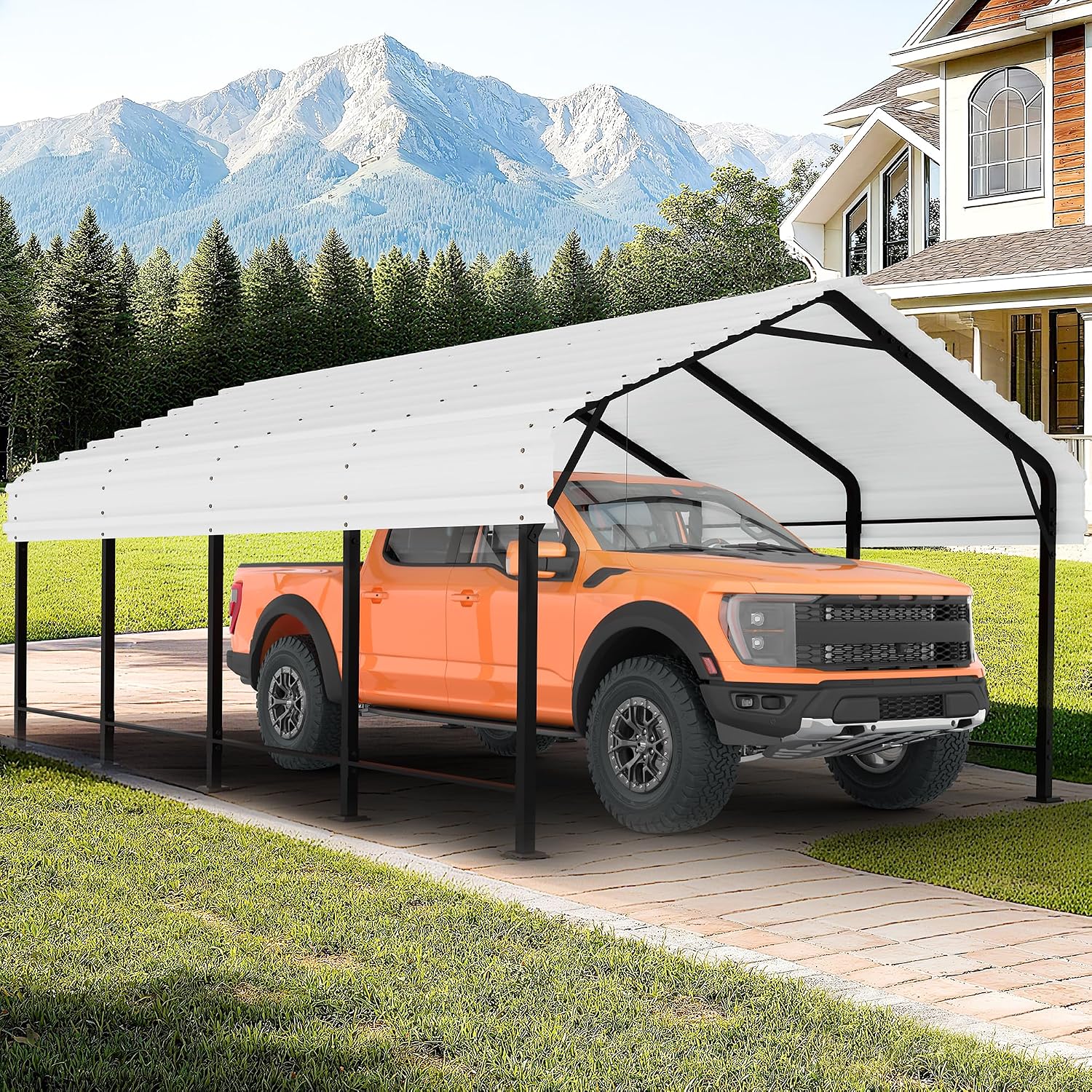 JAMFLY Carport, 12X20 ft Metal Carport, Heavy Duty Canopy with Galvanized Steel Roof and Frame, Metal Car Garage Upgraded Extra Large Garage for Pickup, Boat, Car and Tractors, White