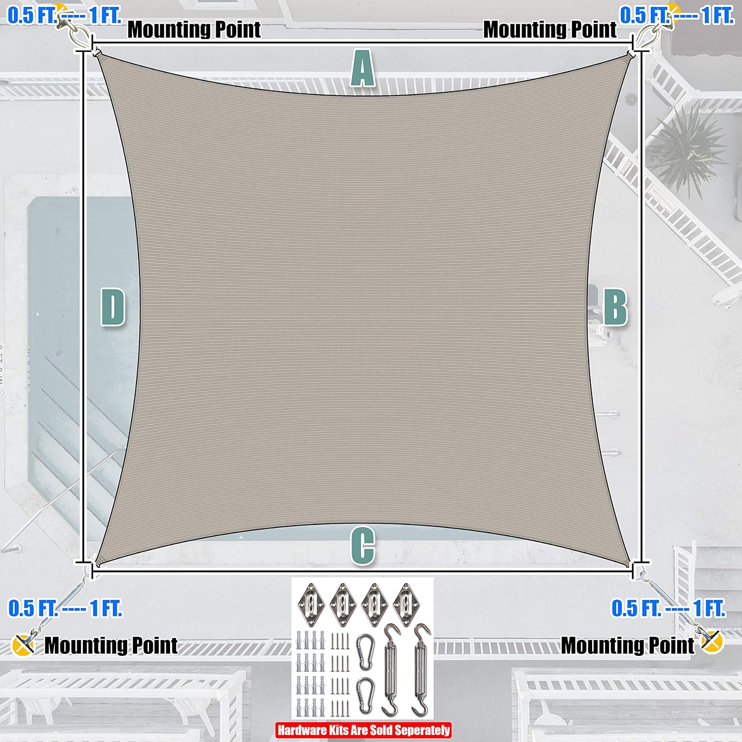 Amgo Custom Size 12' x 16' Grey Rectangle Square Sun Shade Sail UPF50+ AGTAPS16, Order to Make Canopy Awning, 95% UV Blockage, Water & Air Permeable, Commercial and Residential (We Customize)