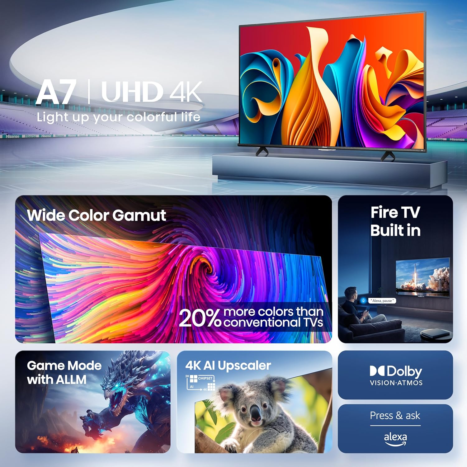 Hisense 43' Class A7 Series (43A7NF, 2025 Model) 4K UHD Smart Fire TV, Voice Remote with Alexa, Wide Color Gamut, HDR10+, Dolby Vision, Dolby Atmos, Game Mode, ALLM, Stream Live TV Without Cable