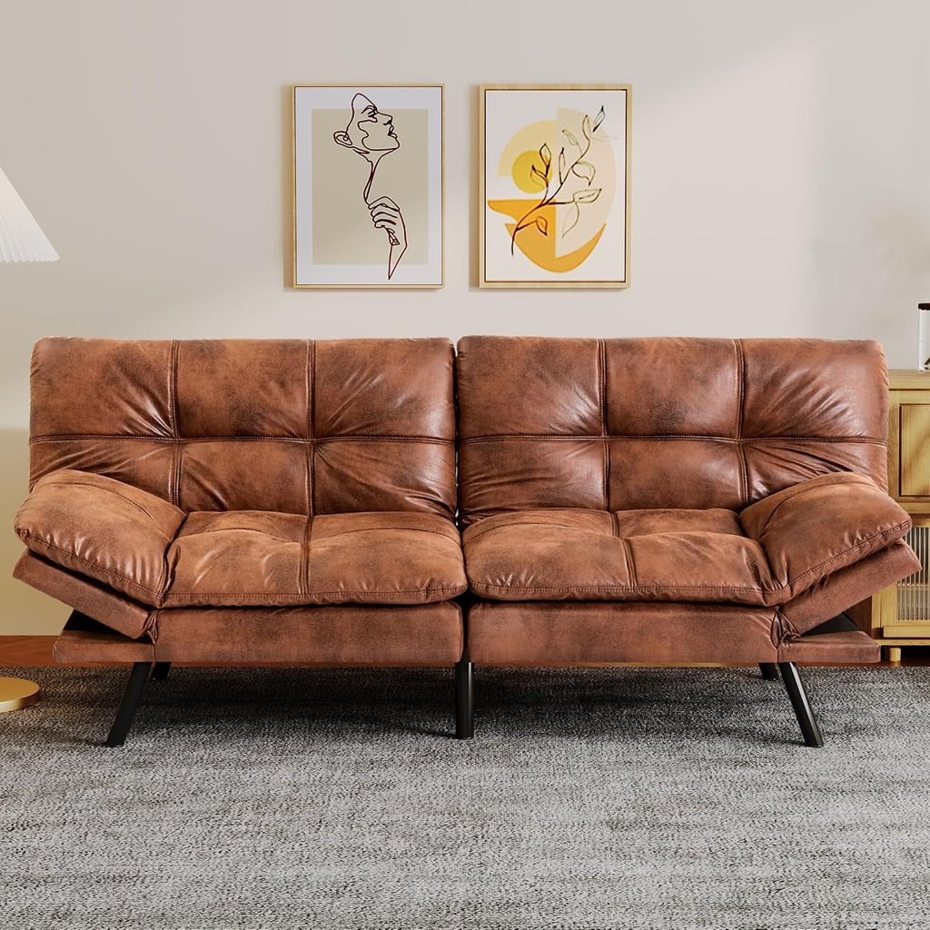 Convertible Futon Sofa Bed,Faux Leather Futon Couch,Memory Foam Futons Bed,Small Splitback Modern Loveseat Sleeper Sofa for Living Room,Office,Apartment,Brown