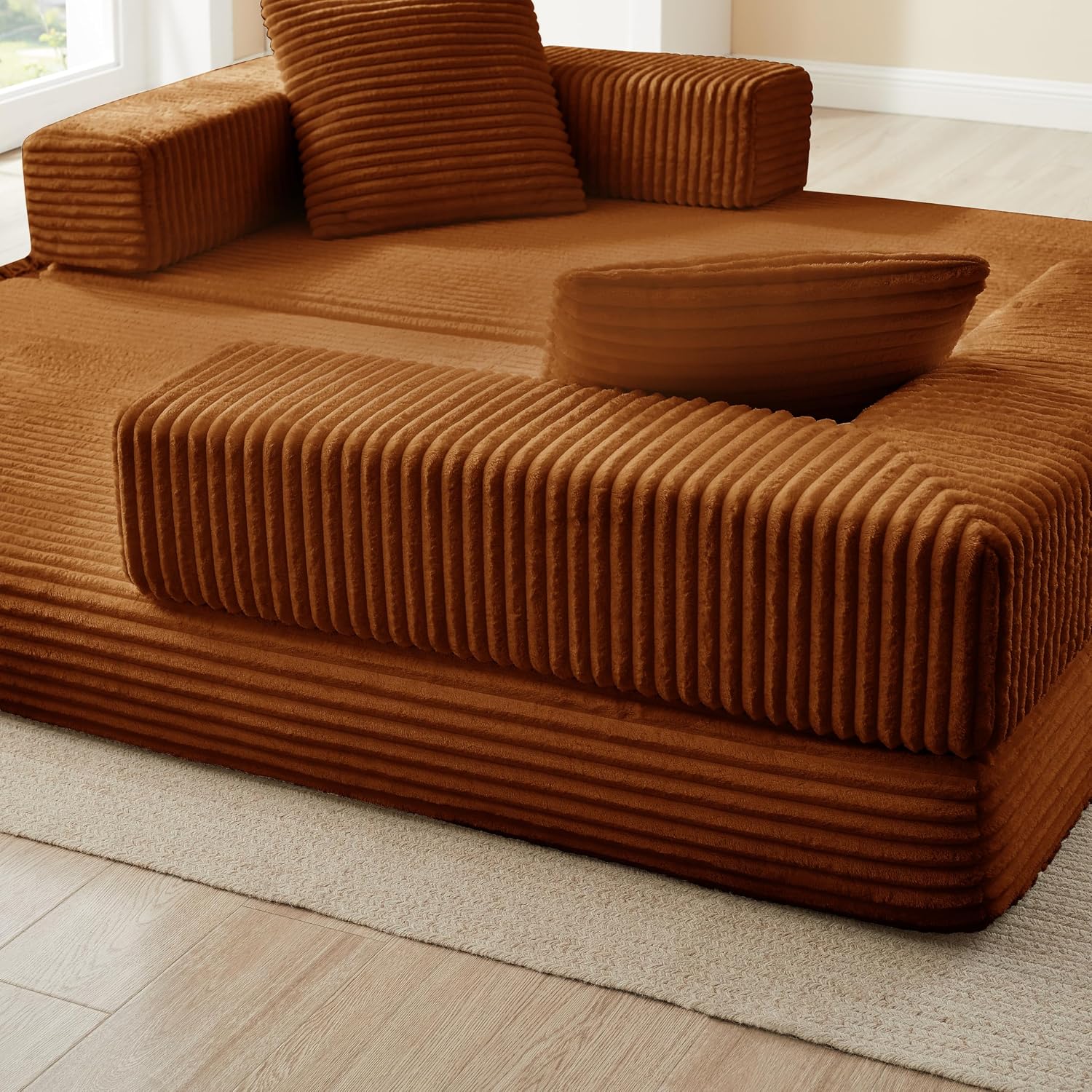 81'' Futon Sofa Bed, Folding Floor Couch Bed, Corduroy Fabric Boneless Couch, Compressed Boneless Sofa in a Box, Comfy Sleeper for Living Room-Orange