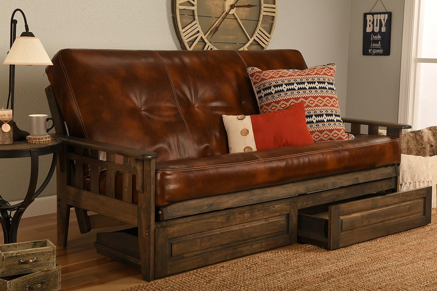 FutonX Rustic Walnut Frame and Mattress Set with Choice to add Drawers, 8 Inch Innerspring Futon Sofa Bed Full Size Wood (Brown Leather Matt, Frame and Drawers)