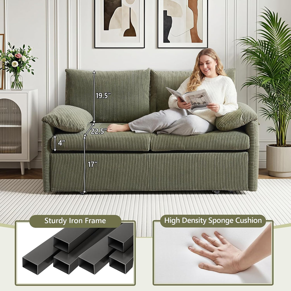 CAPCAEK Queen Size Pull Out Couch, Sleeper Sofa Bed Queen with USB, Storage Pockets & Pillows, 3-in-1 Modern Convertible Loveseat Couch Bed for Living Room Bedroom, Office, Apartment, Corduroy(Green)