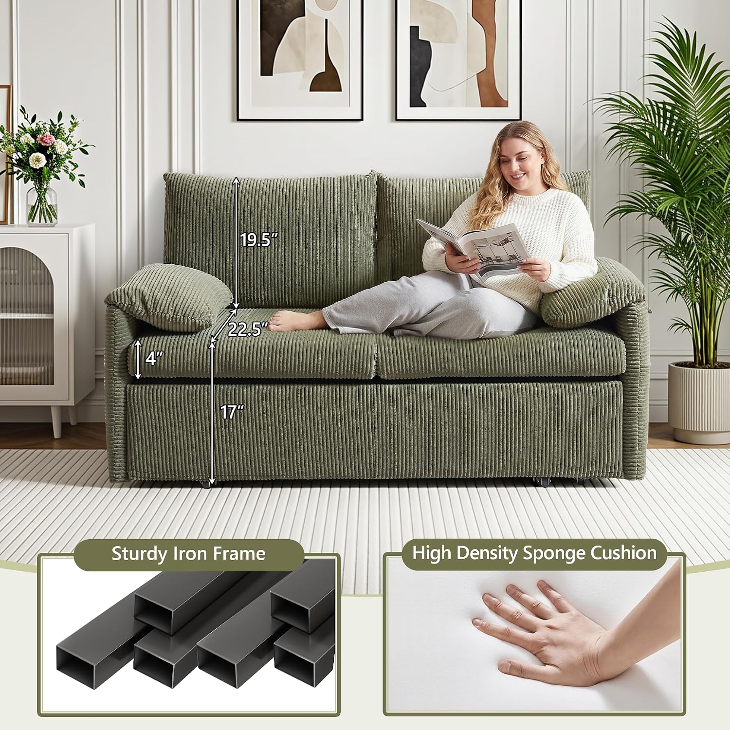CAPCAEK Queen Size Pull Out Couch, Sleeper Sofa Bed Queen with USB, Storage Pockets & Pillows, 3-in-1 Modern Convertible Loveseat Couch Bed for Living Room Bedroom, Office, Apartment, Corduroy(Green)