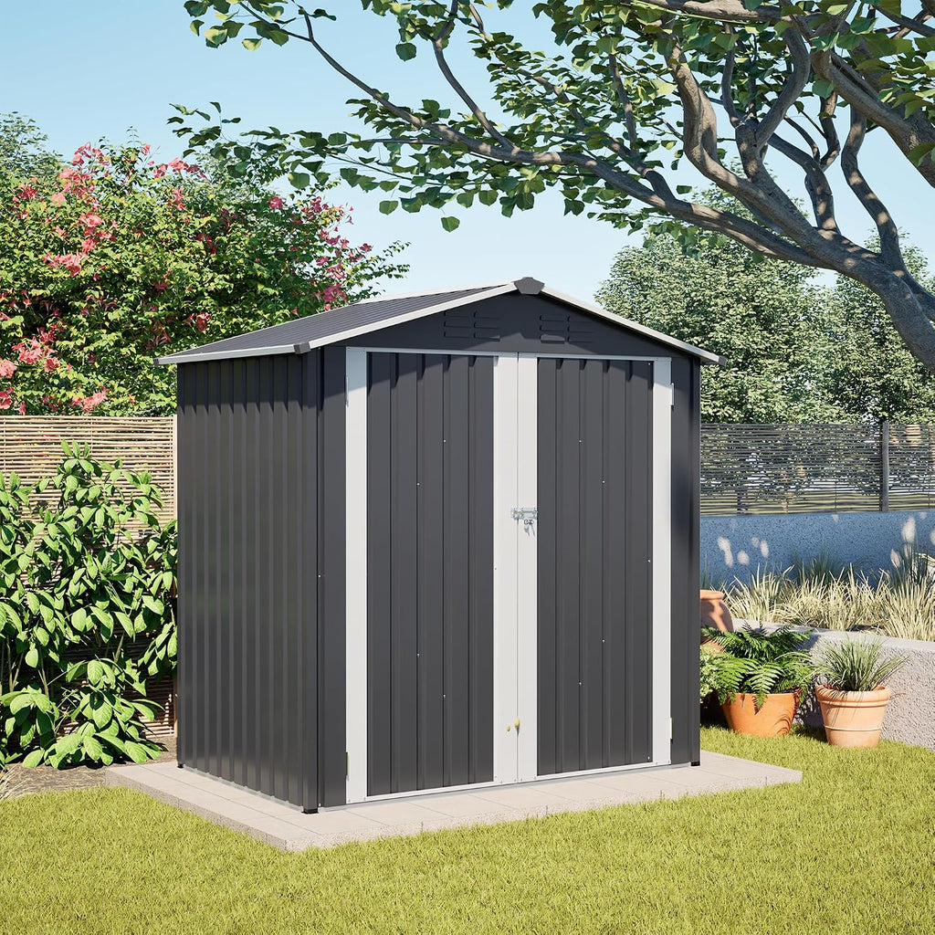YOPTO 6 x 4 FT Outdoor Storage Shed with Floor Base & Lockable Hinge Door,Metal Garden Shed W/Sloped Roof,for Backyard Patio Lawn,Gray