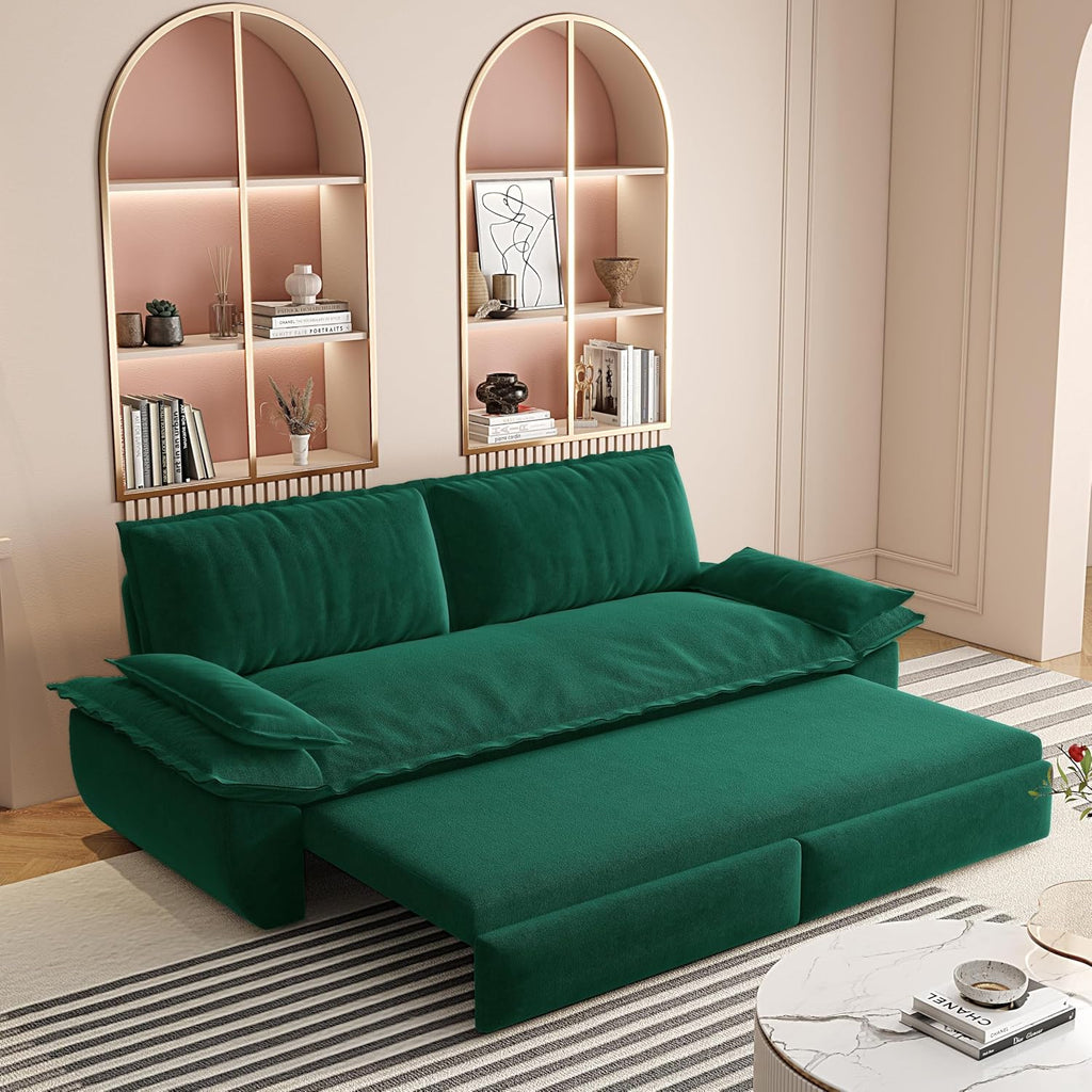 3-in-1 Convertible Sofa Bed Queen Size Pull Out Sleeper Sofa with Heavy Duty Metal Frame, Luxurious Velvet Upholstered Loveseat with 2 Pillows, Modern Folding Guest Bed for Living Room, Apartment | Removable Cushions