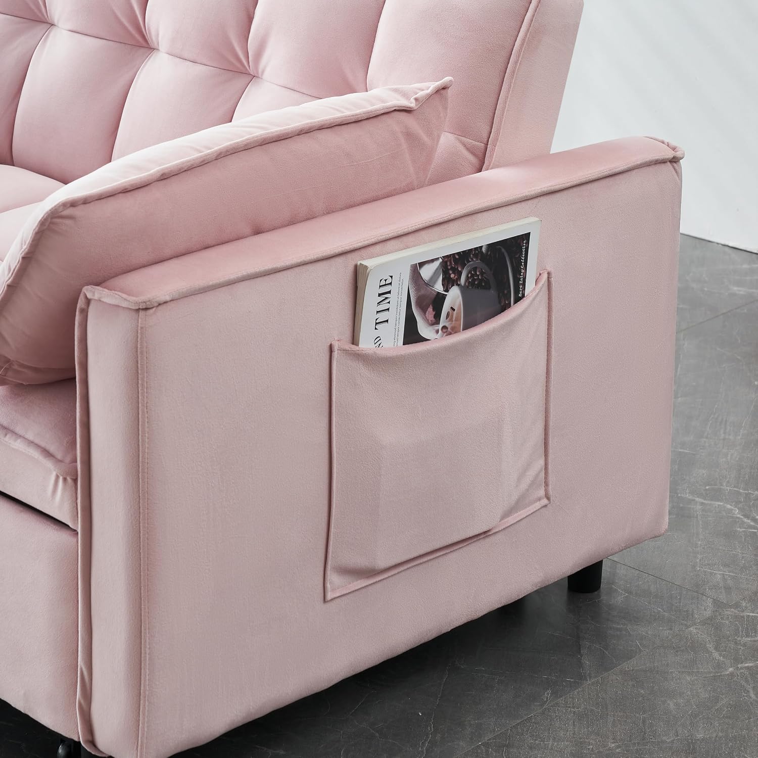 3 in 1 Convertible Sofa Bed, Loveseat Sleeper Sofa with Large Side Pockets, Pull Out Couch with Adjustable Backrest, Easy Assembly, Velvet Couch Bed for Small Spaces, Apartment, Pink