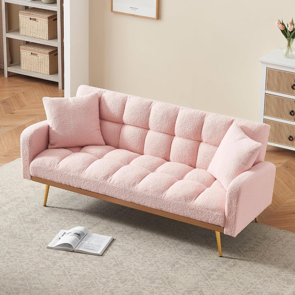 Teddy Futon Sofa Bed,69' Modern Small Love Seat Couch for Small Spaces,Convertible Tufted Sleeper Sofa Loveseat Couch Bed with Gold Metal Legs for Living Room,Bedroom,Apartment (Teddy Pink)