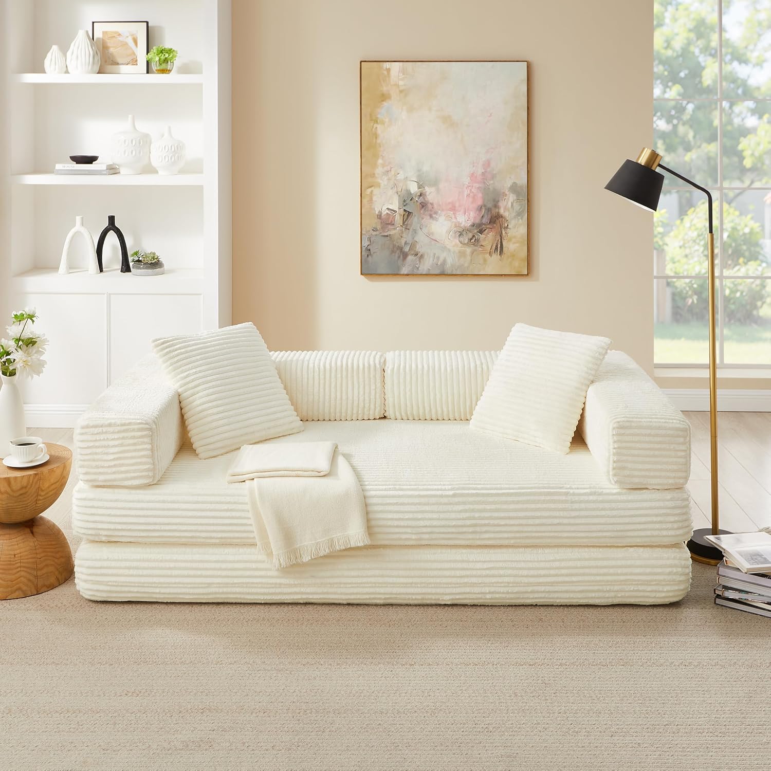 81'' Futon Sofa Bed, Folding Floor Couch Bed, Corduroy Fabric Boneless Couch, Compressed Boneless Sofa in a Box, Comfy Sleeper for Living Room-Beige