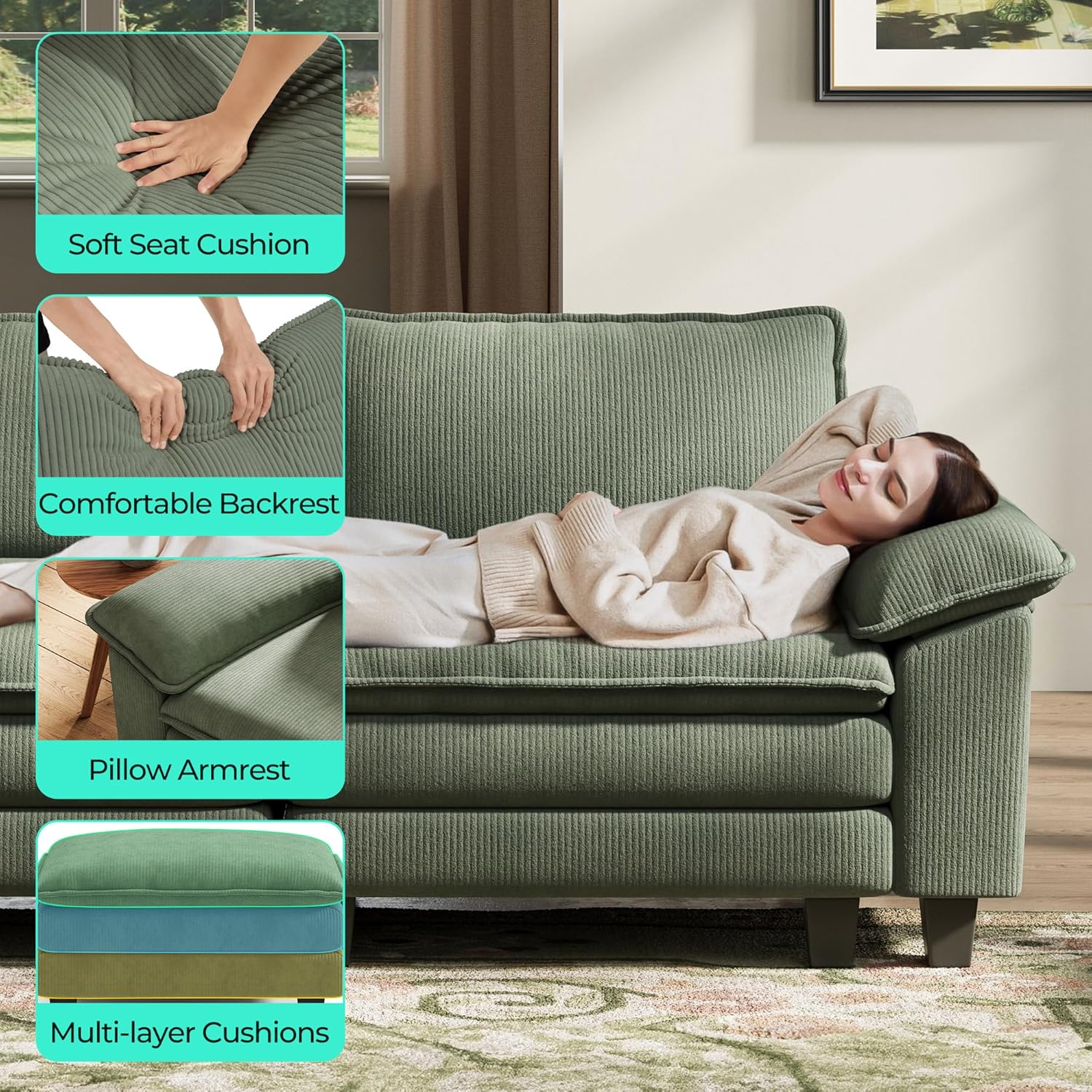 LINSY HOME Modular Sectional Sofa - Oversized Corduroy Cloud Couch with Movable Ottoman Soft Modern Comfy Sofa Set for Living Room Apartment Office, Green
