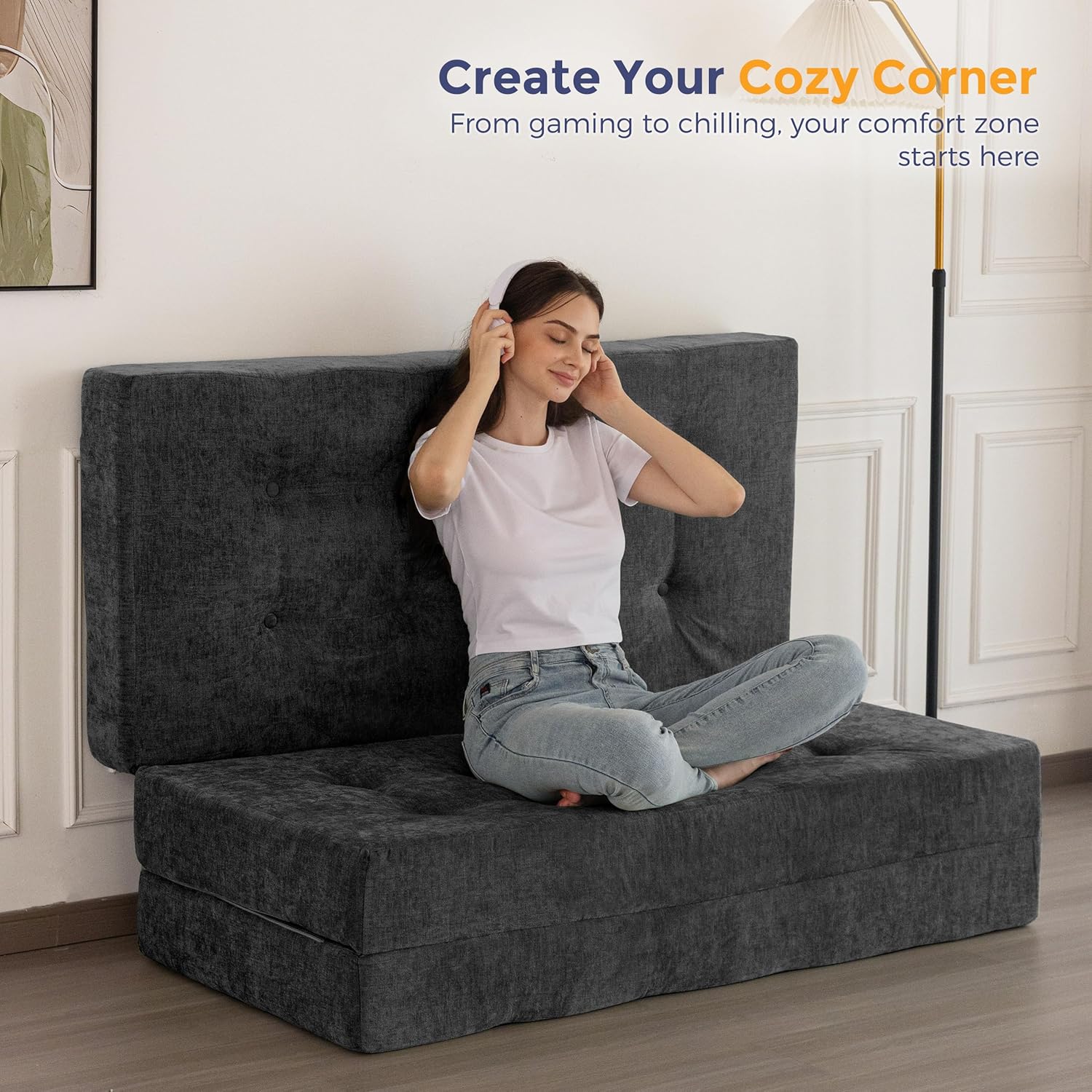 MAXYOYO 6' Folding Sofa Bed for Floor, Tufted Tri-Fold Floor Mattress with Chenille Fabric, Twin Size Portable Sofa Couch Guest Mat for Adults, Foldable Topper for Camping, Dark Grey, 35.4'x75'