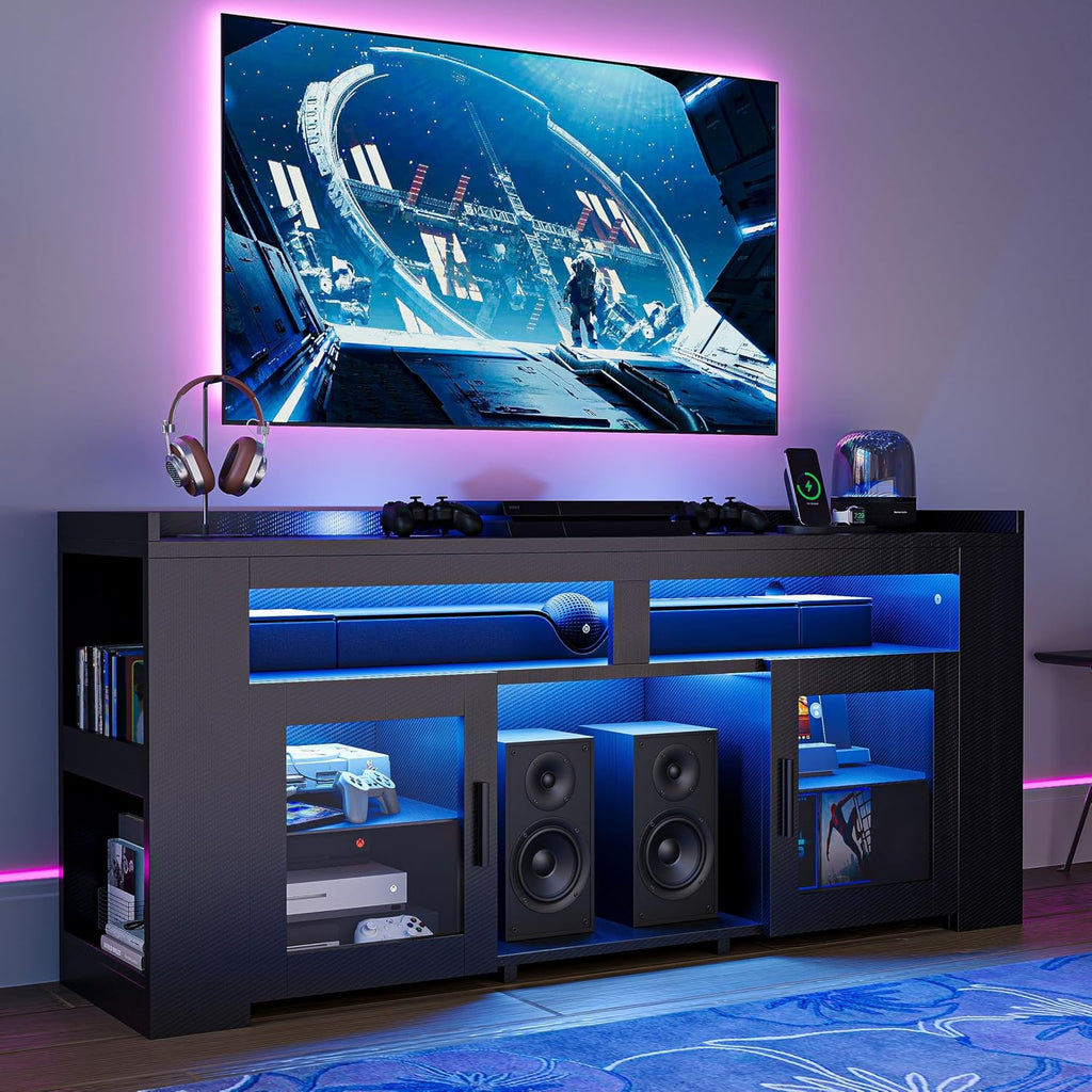 IRONCK TV Stand for TVs Up to 60' with Charging Station, LED Entertainment Center, Modern Carbon Fiber Media Console with Adjustable Glass Shelves & 2 Doors, Organize Your Gaming & Living Room, Black