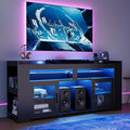IRONCK TV Stand for TVs Up to 60' with Charging Station, LED Entertainment Center, Modern Carbon Fiber Media Console with Adjustable Glass Shelves & 2 Doors, Organize Your Gaming & Living Room, Black