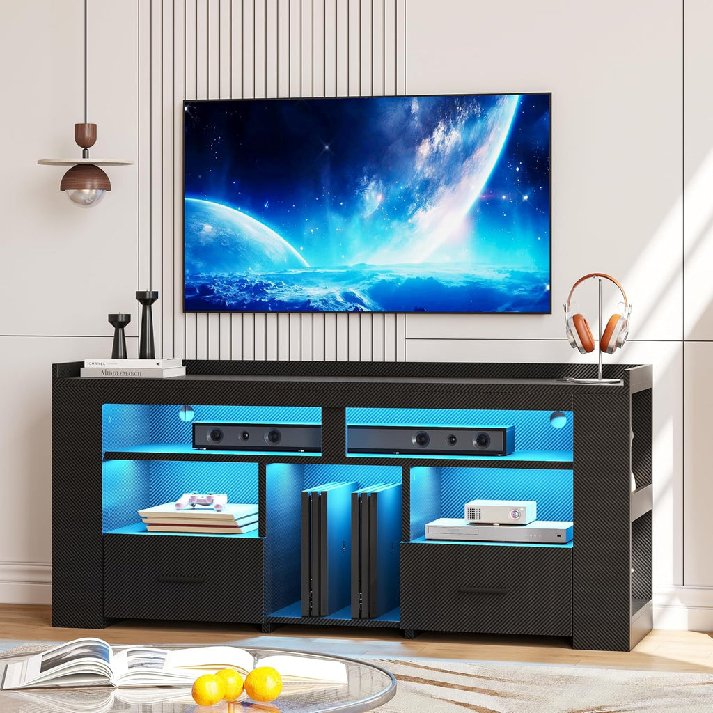 IRONCK TV Stand for 65 Inch TV, Carbon Fiber Entertainment Center with 2 Drawers, Charging Station & RGB LED Light, Gaming Media Console for PS4, Bedroom, Living Room, Black