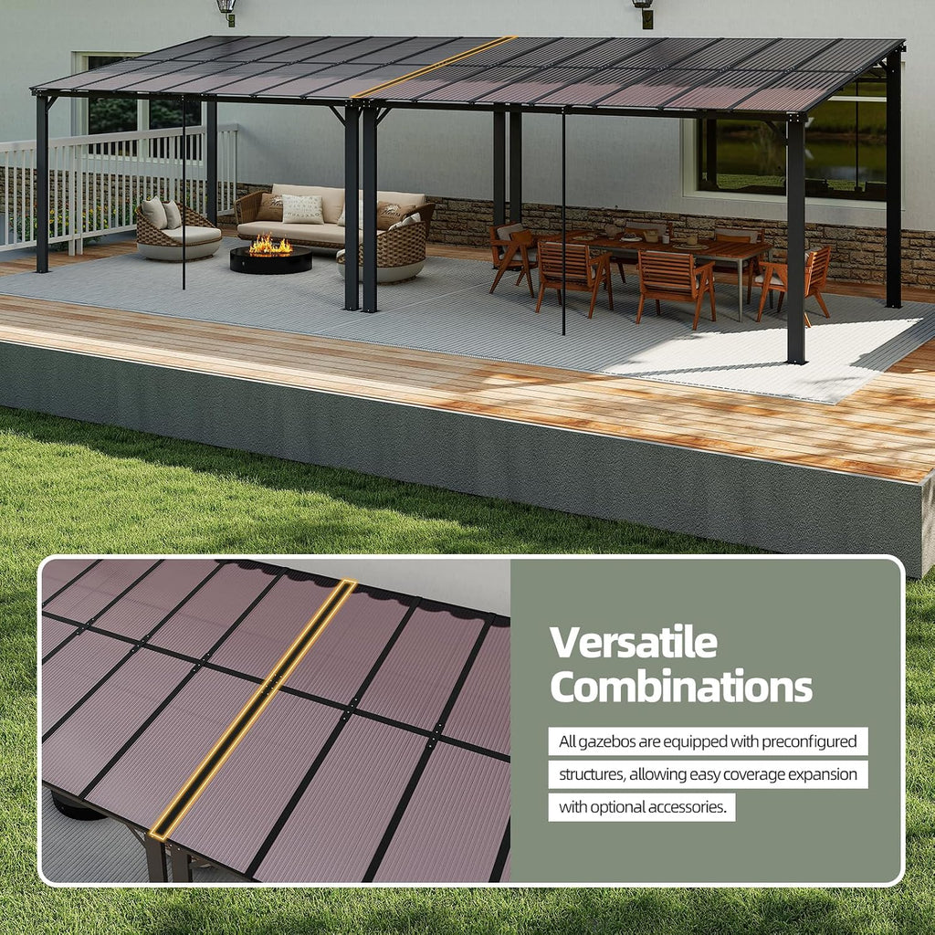 10'×14' Patio Gazebo with Waterproof Fuzzy Strip, Outdoor Gazebo with Innovative Base Support, Wall Mounted Gazebos Pergola with Roof for Backyard, Decks, Garden