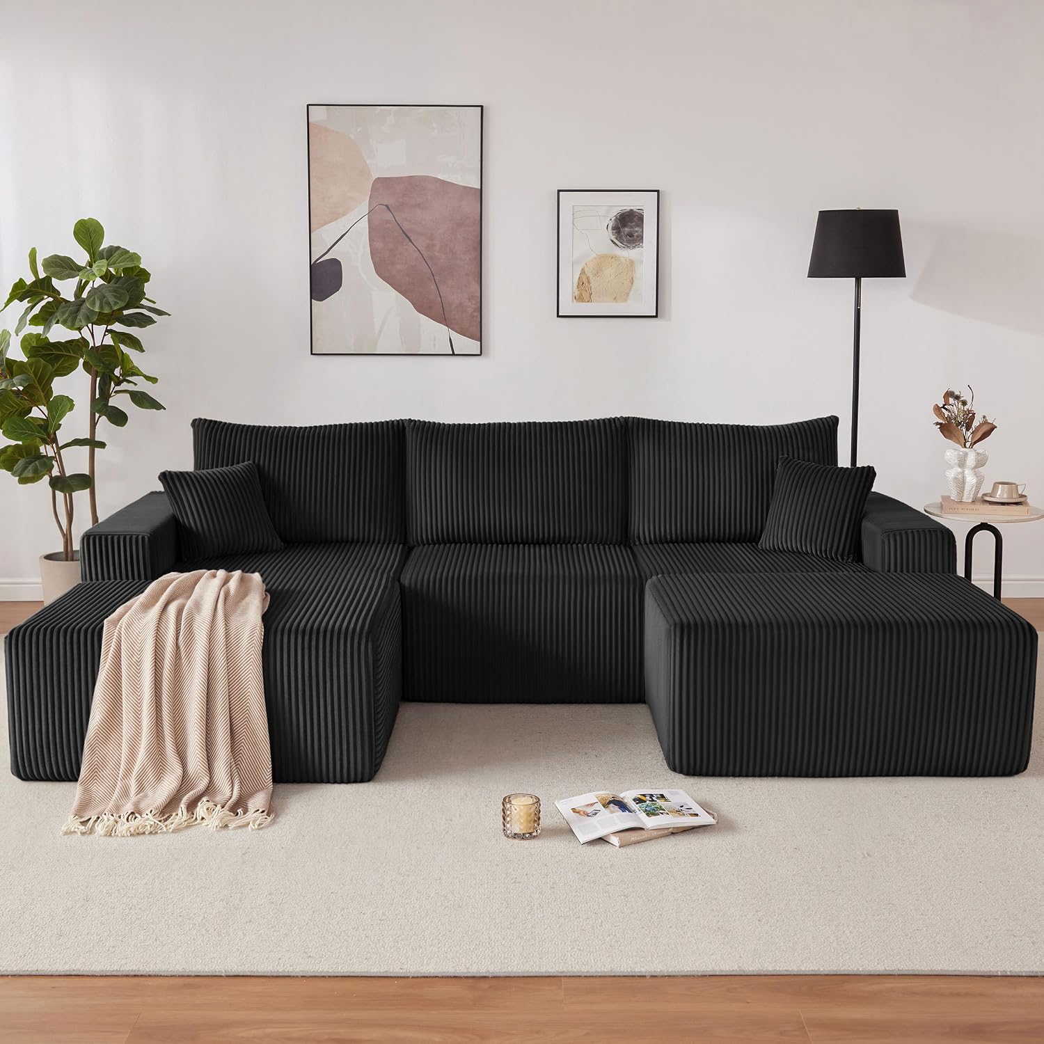 Weture 108' Modular Sectional Couches, Modern Modular U-Shape Sofa with Chaise, Cloud Sectional Couch with Deep Seat, Upholstered Boneless Sofa for Living Room (Corduroy, Black)