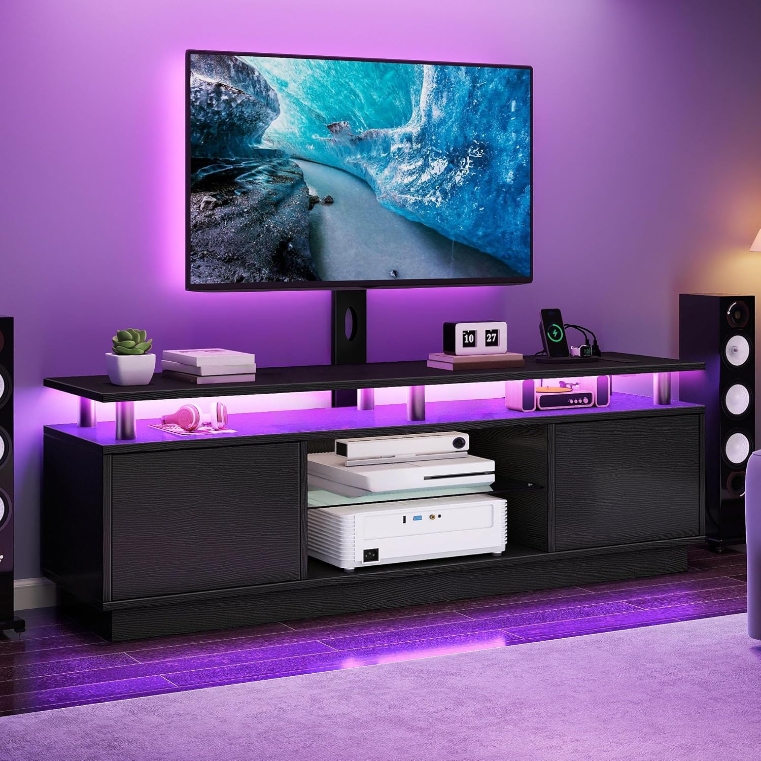 DWVO Black TV Stand for 75/70/65 inch TV with Mount & Power Outlet, Modern LED TV Stands for Living Room, Entertainment Center with Storage, Television Stand, Gaming Media Stand, Black