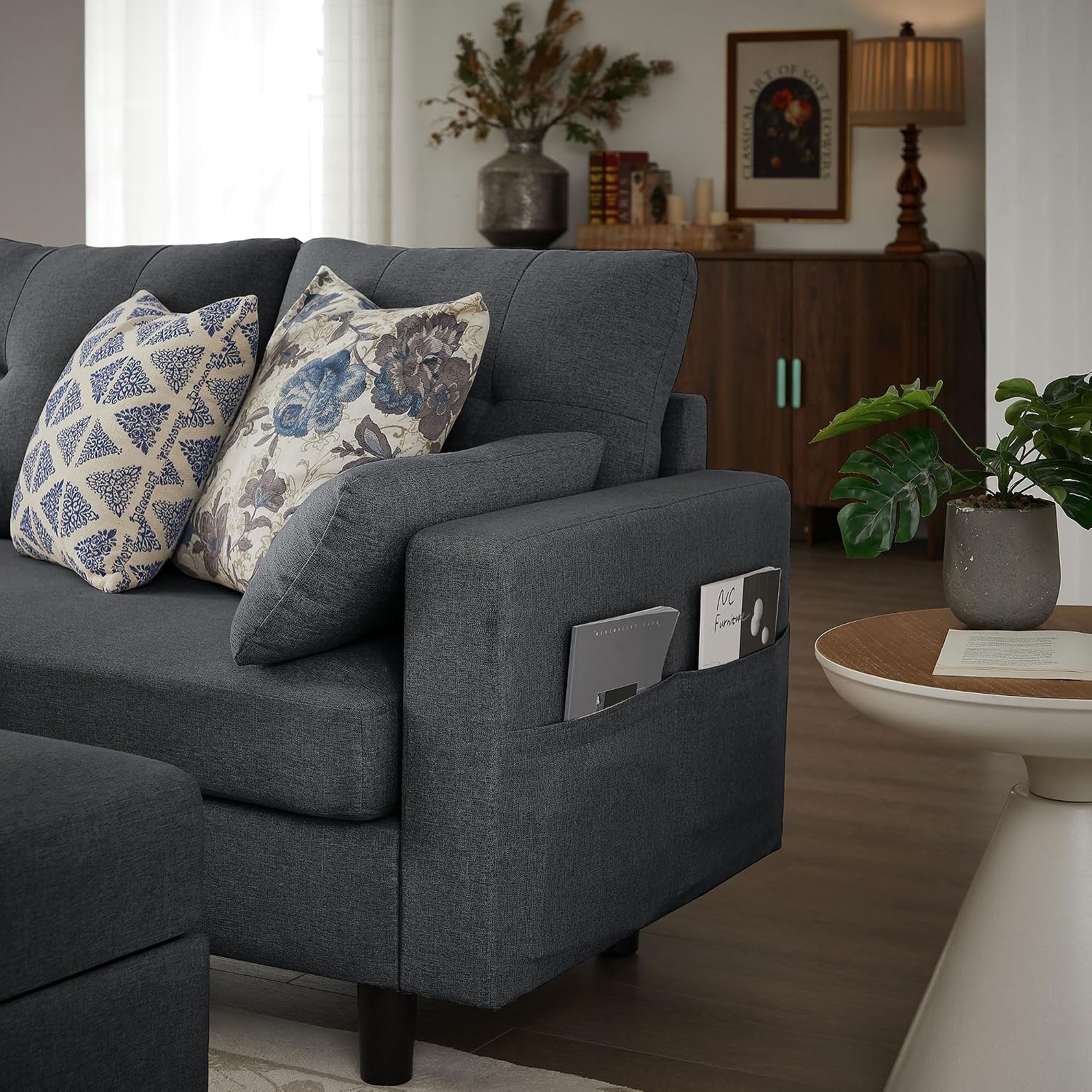 101' Convertible Sectional Sofa, Modern Linen Fabric U-Shaped Couch with 2 Storage Ottomans and Storage Pocket, 4 Seat Sofa Couches for Living Room, Apartment, Office, Darkgrey