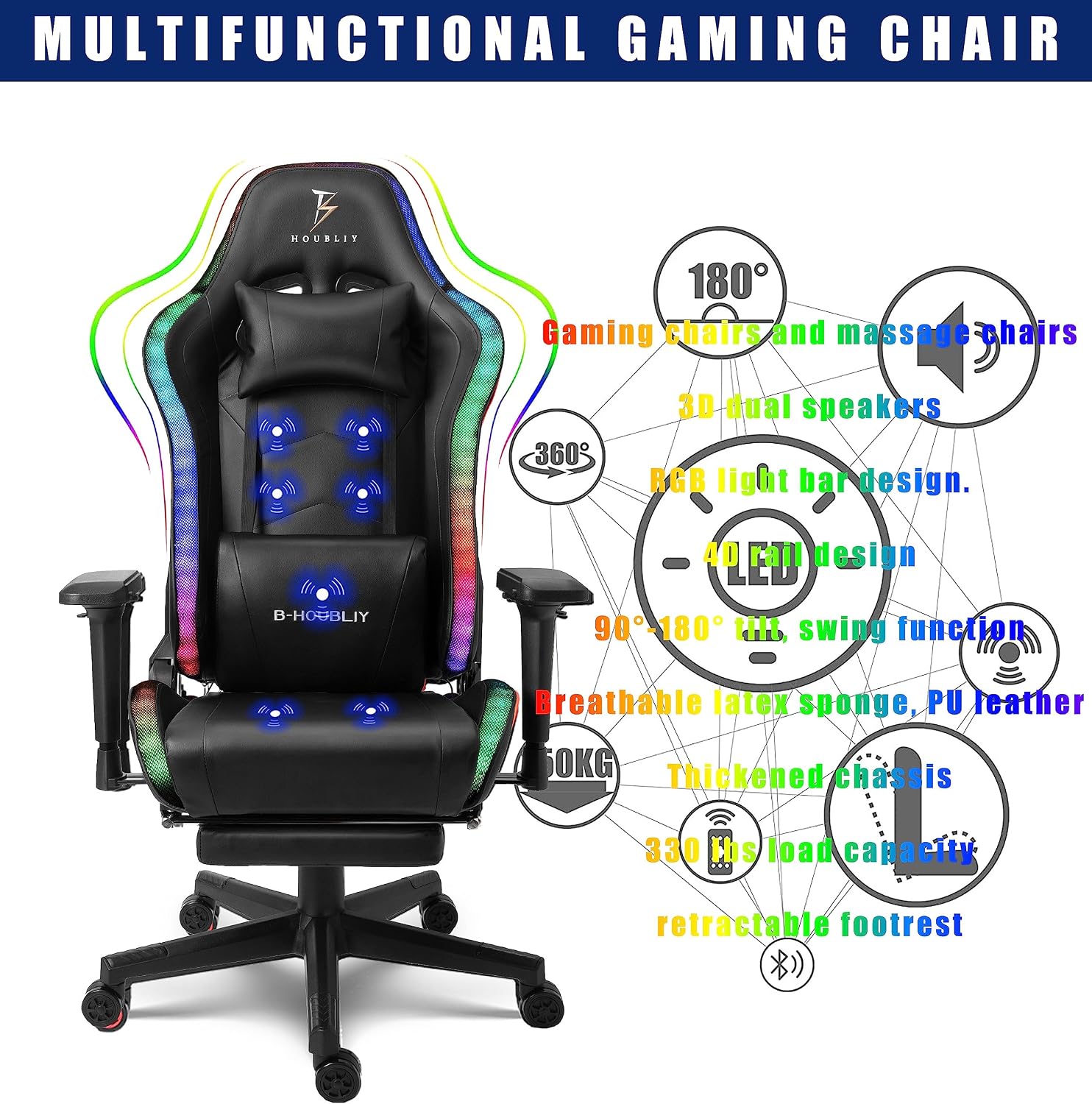 Gaming Chair with Massage and Speakers,Ergonomic Video Gaming Chair with Footrest and Lumbar Support,RGB Racing Gaming Chair, Computer Chair for Adults and Teens, 400lb.,Black
