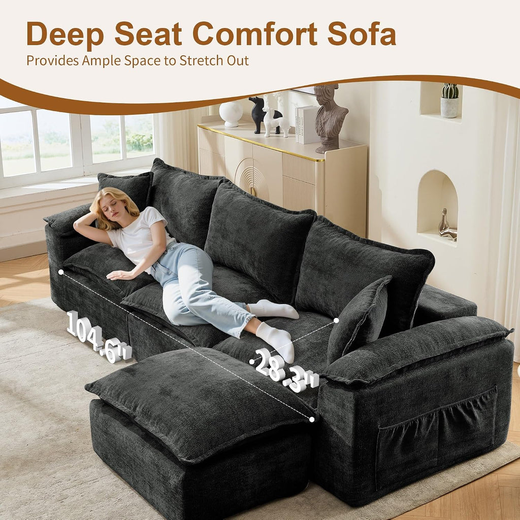 Korser 108' Sectional Couches for Living Room, Modular Boneless Couch with Deep Seat & Fluffy Cushion, Cozy Double-Layer Cushioned Sofa with Convertible Ottoman, Comfy Cloud Sofa, No Assembly Required