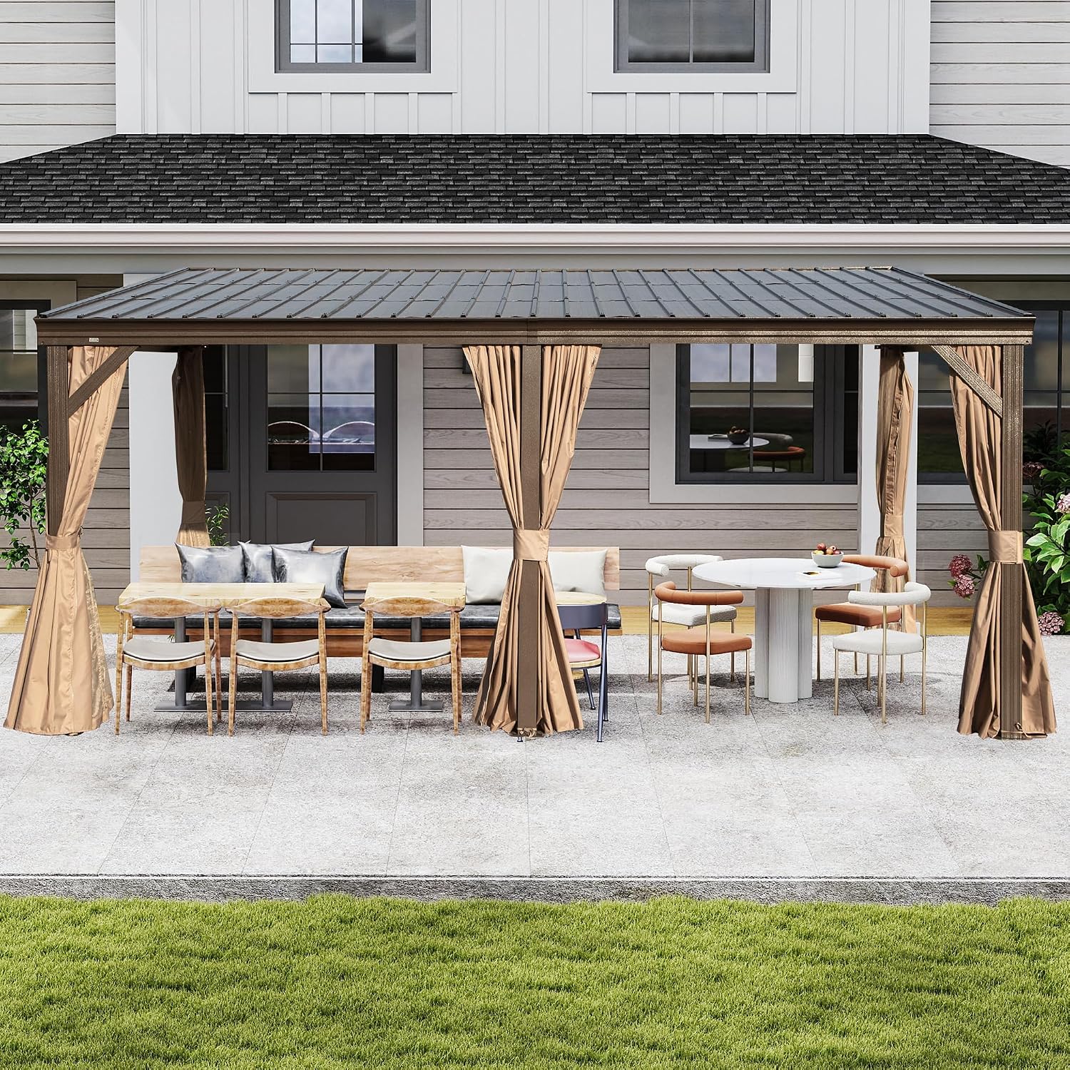 DOMI 12x16FT Lean to Gazebo, Outdoor Hardtop Wall Mounted Gazebo with Sloping Galvanized Steel Roof, Durable Aluminum Frame, Netting Curtain for Deck, Porch, Backyard