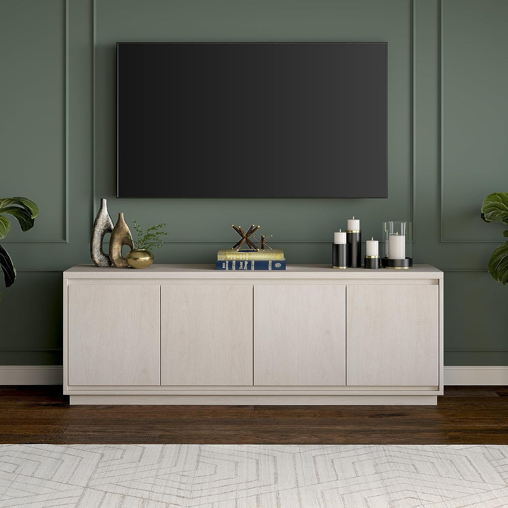 Henn&Hart TV Stand for TVs up to 75'' with 2 Concealed Storage Cabinets and Adjustable Shelves for Living Room, Family Room, or Office, Alder White